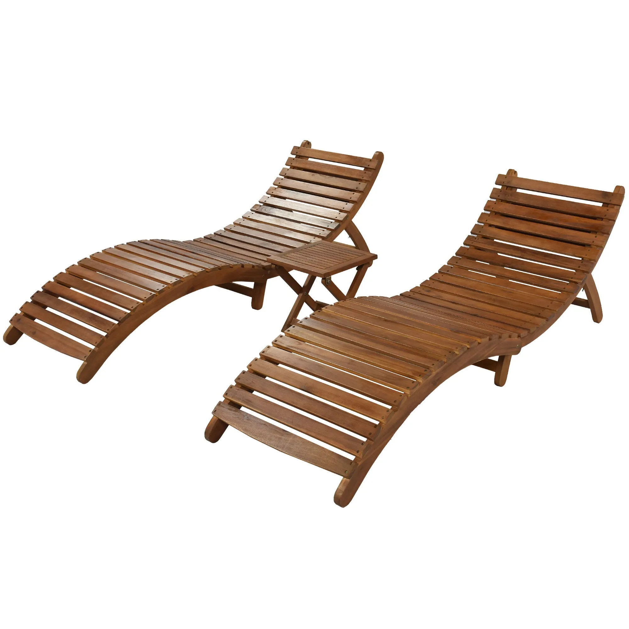 TOPMAX Outdoor Patio Wood Portable Extended Chaise Lounge Set with Foldable Tea Table for Balcony, Poolside, Garden, Brown Finish Dark Gray Cushion