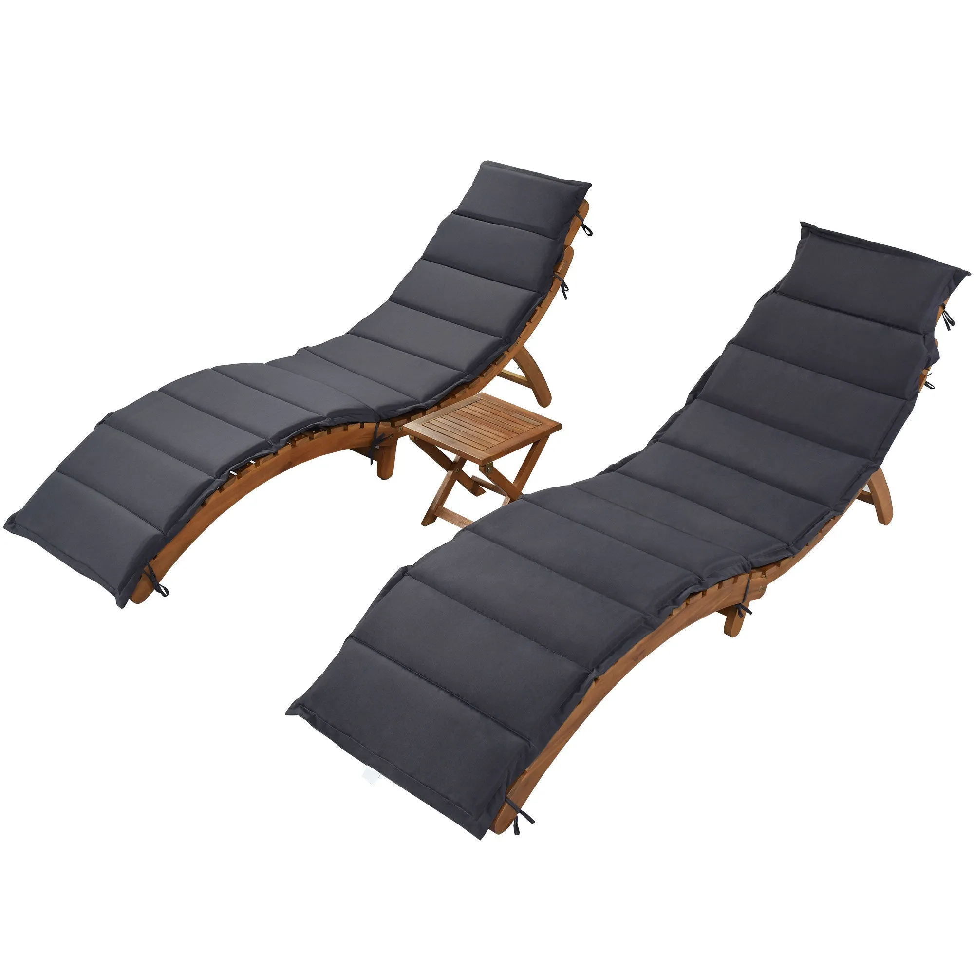 TOPMAX Outdoor Patio Wood Portable Extended Chaise Lounge Set with Foldable Tea Table for Balcony, Poolside, Garden, Brown Finish Dark Gray Cushion