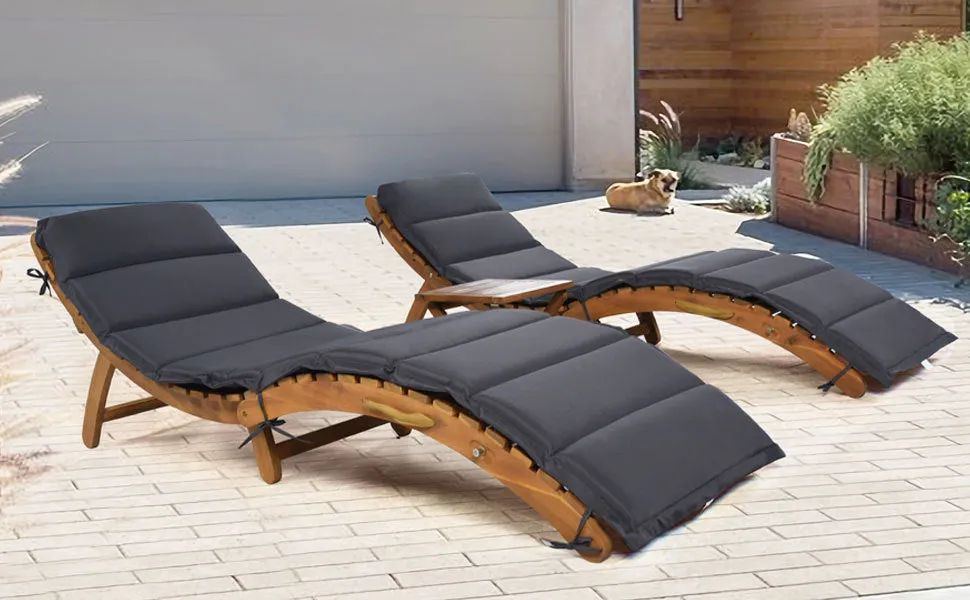 TOPMAX Outdoor Patio Wood Portable Extended Chaise Lounge Set with Foldable Tea Table for Balcony, Poolside, Garden, Brown Finish Dark Gray Cushion