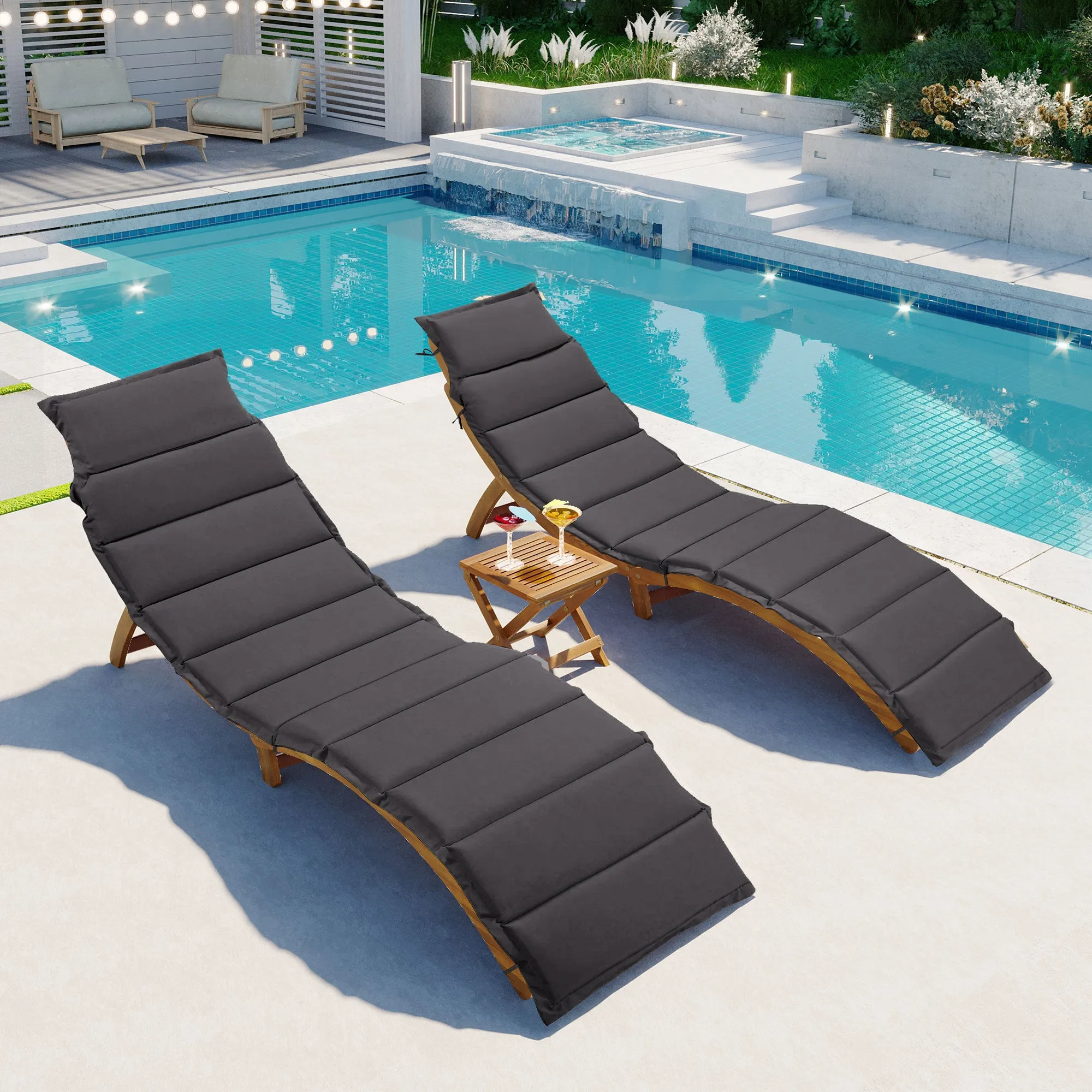 TOPMAX Outdoor Patio Wood Portable Extended Chaise Lounge Set with Foldable Tea Table for Balcony, Poolside, Garden, Brown Finish Dark Gray Cushion