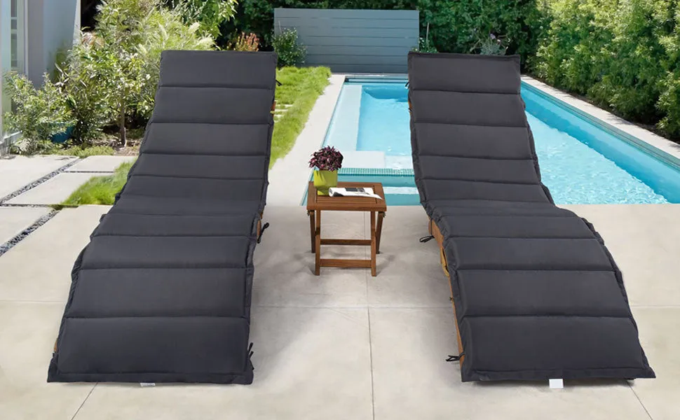 TOPMAX Outdoor Patio Wood Portable Extended Chaise Lounge Set with Foldable Tea Table for Balcony, Poolside, Garden, Brown Finish Dark Gray Cushion