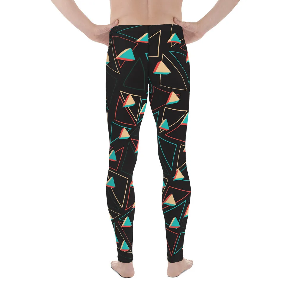 Triangular Geometric Meggings, Colorful Print Men's Black Running Leggings & Run Colorful Tights