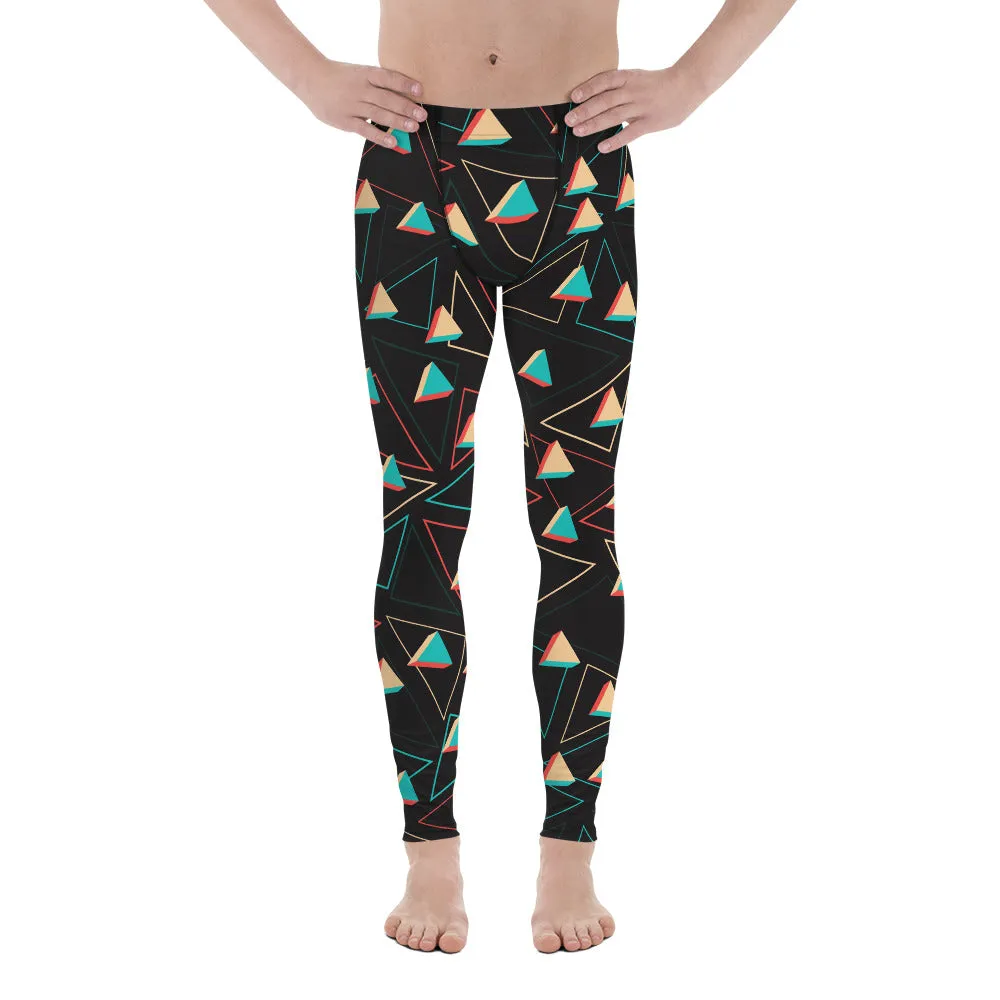 Triangular Geometric Meggings, Colorful Print Men's Black Running Leggings & Run Colorful Tights