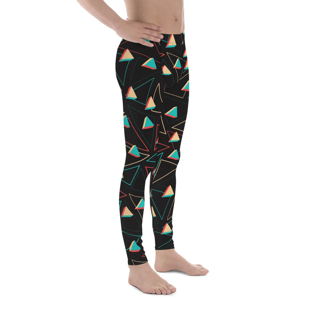 Triangular Geometric Meggings, Colorful Print Men's Black Running Leggings & Run Colorful Tights