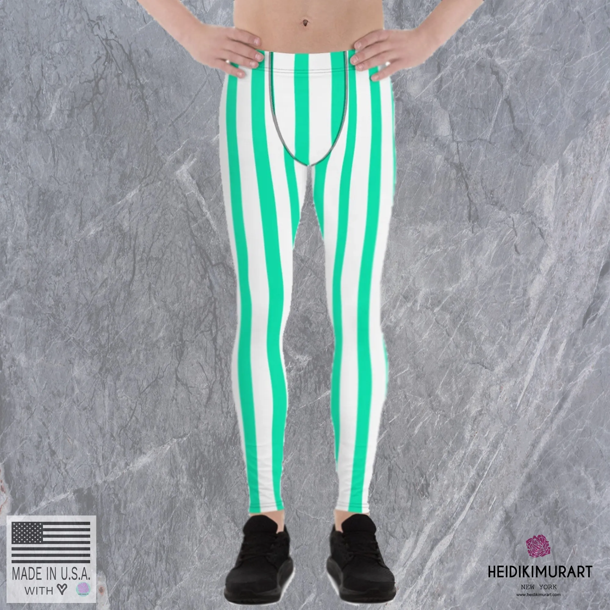 Turquoise Blue Striped Meggings, Men's Running Leggings Run Tights-Made in USA/EU