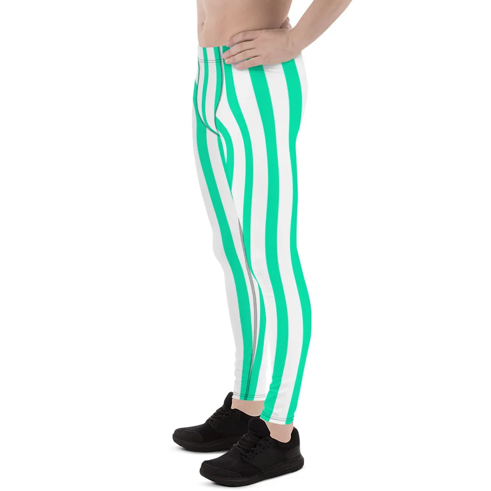 Turquoise Blue Striped Meggings, Men's Running Leggings Run Tights-Made in USA/EU