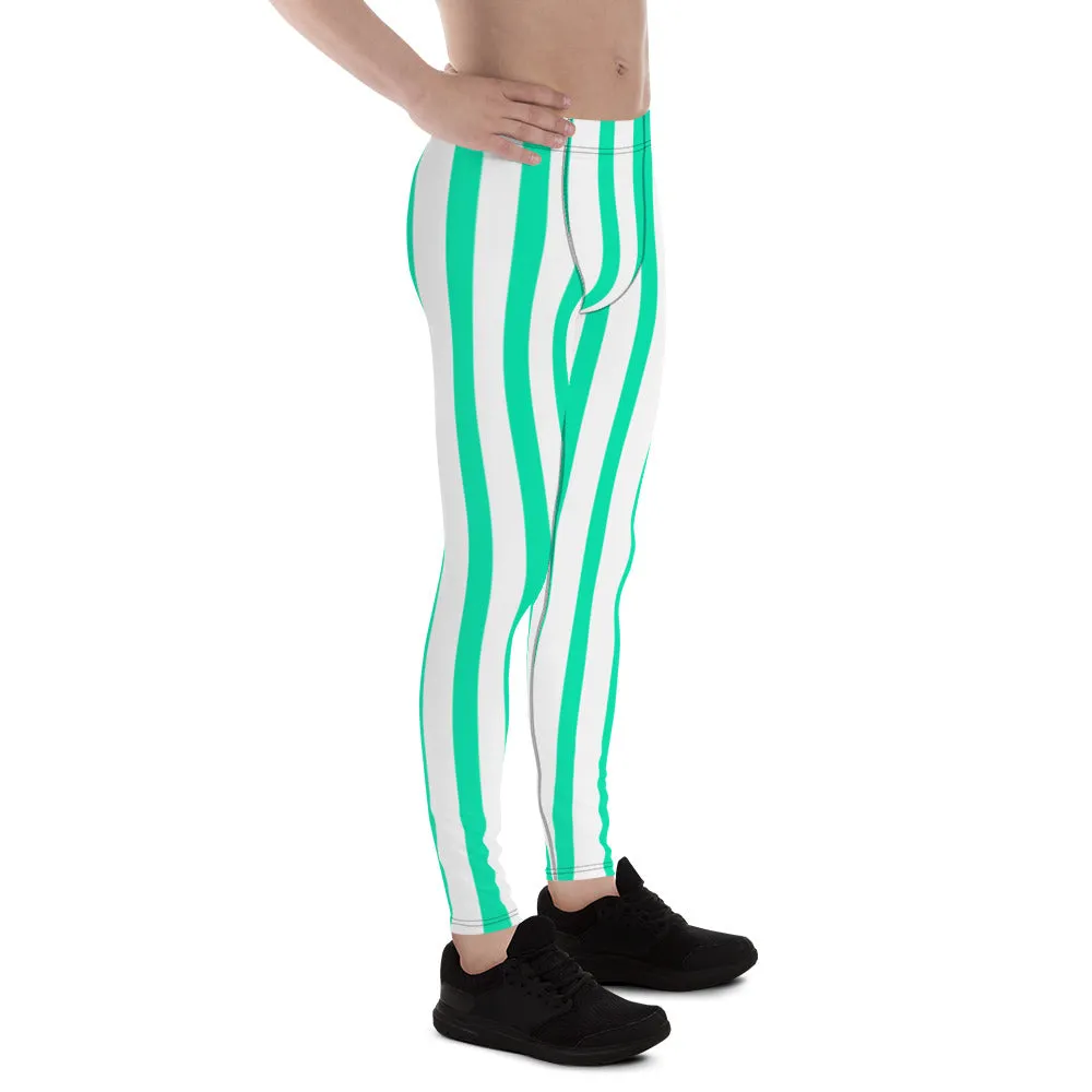 Turquoise Blue Striped Meggings, Men's Running Leggings Run Tights-Made in USA/EU