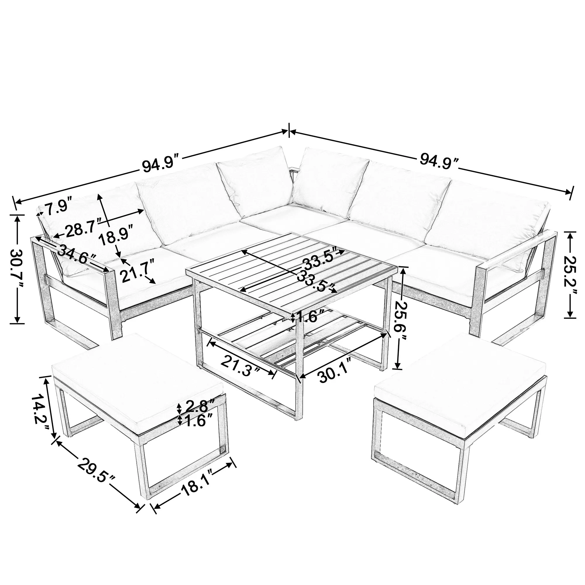 U_Style Industrial Style Outdoor Sofa Combination Set With 2 Love Sofa,1 Single Sofa,1 Table,2 Bench