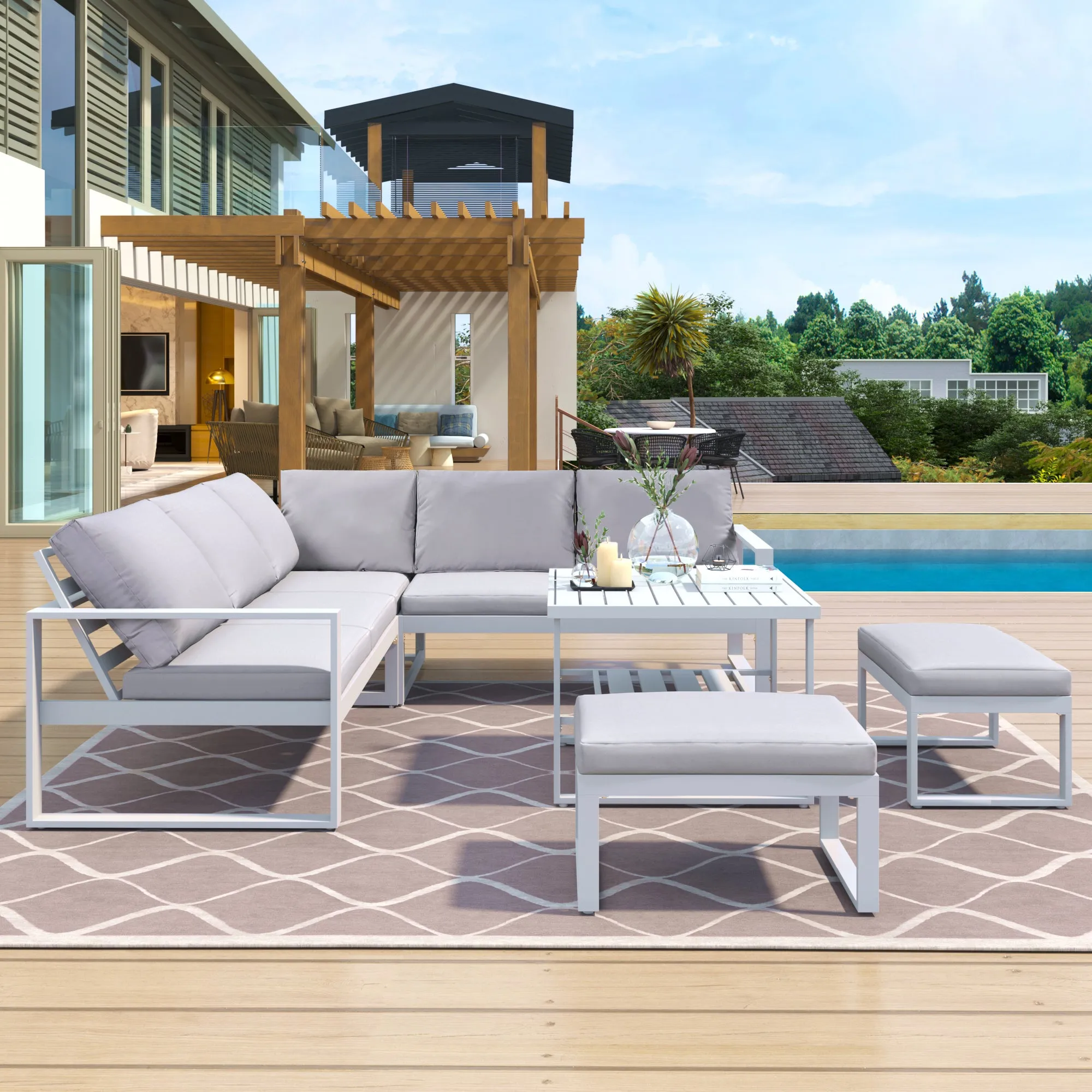 U_Style Industrial Style Outdoor Sofa Combination Set With 2 Love Sofa,1 Single Sofa,1 Table,2 Bench