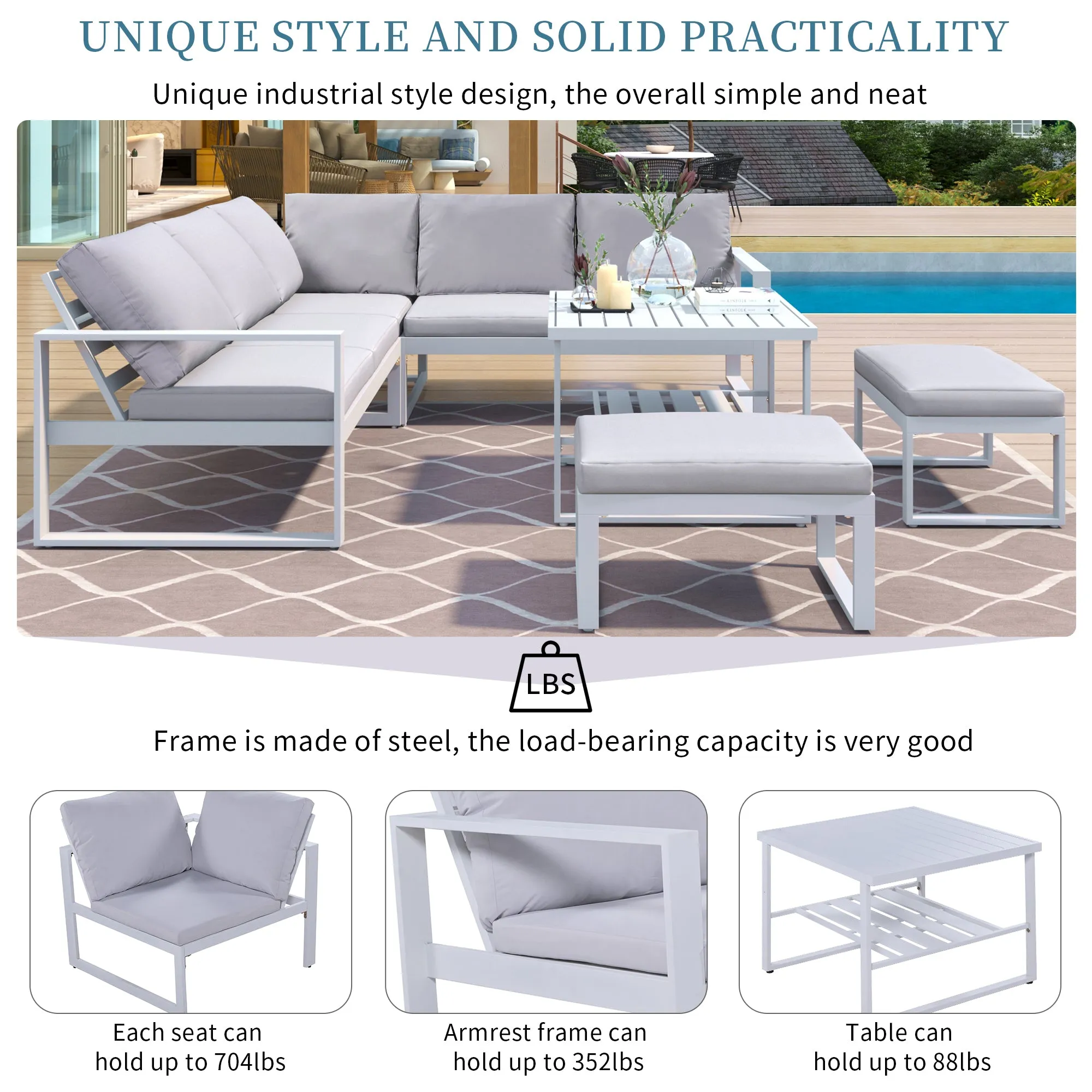 U_Style Industrial Style Outdoor Sofa Combination Set With 2 Love Sofa,1 Single Sofa,1 Table,2 Bench