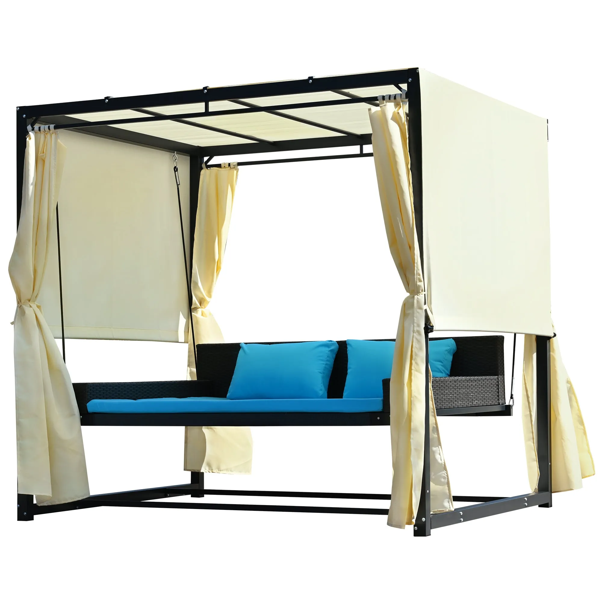 [VIDEO provided]U_Style 2-3 People Outdoor Swing Bed,Adjustable Curtains,Suitable For Balconies, Gardens And Other Places