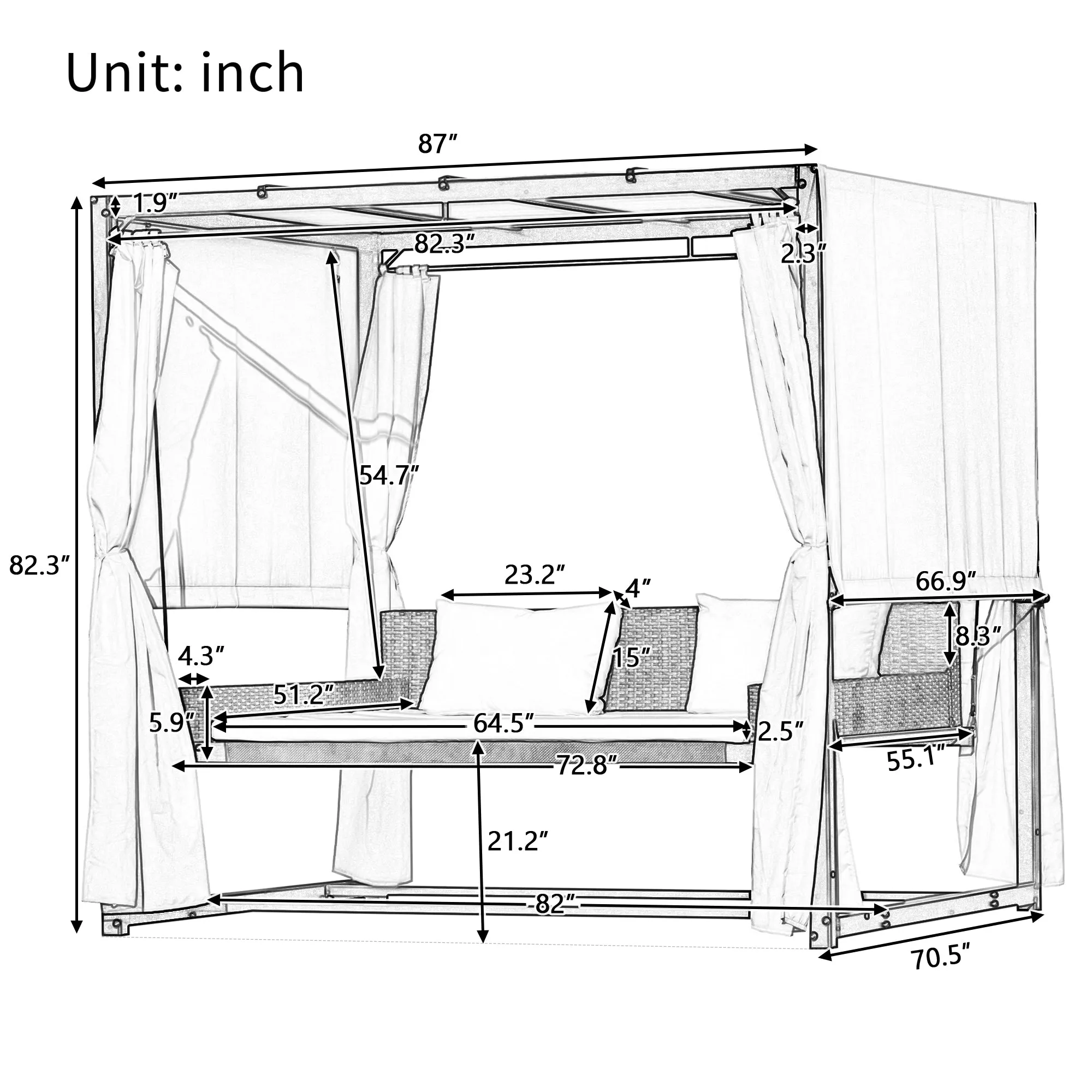 [VIDEO provided]U_Style 2-3 People Outdoor Swing Bed,Adjustable Curtains,Suitable For Balconies, Gardens And Other Places