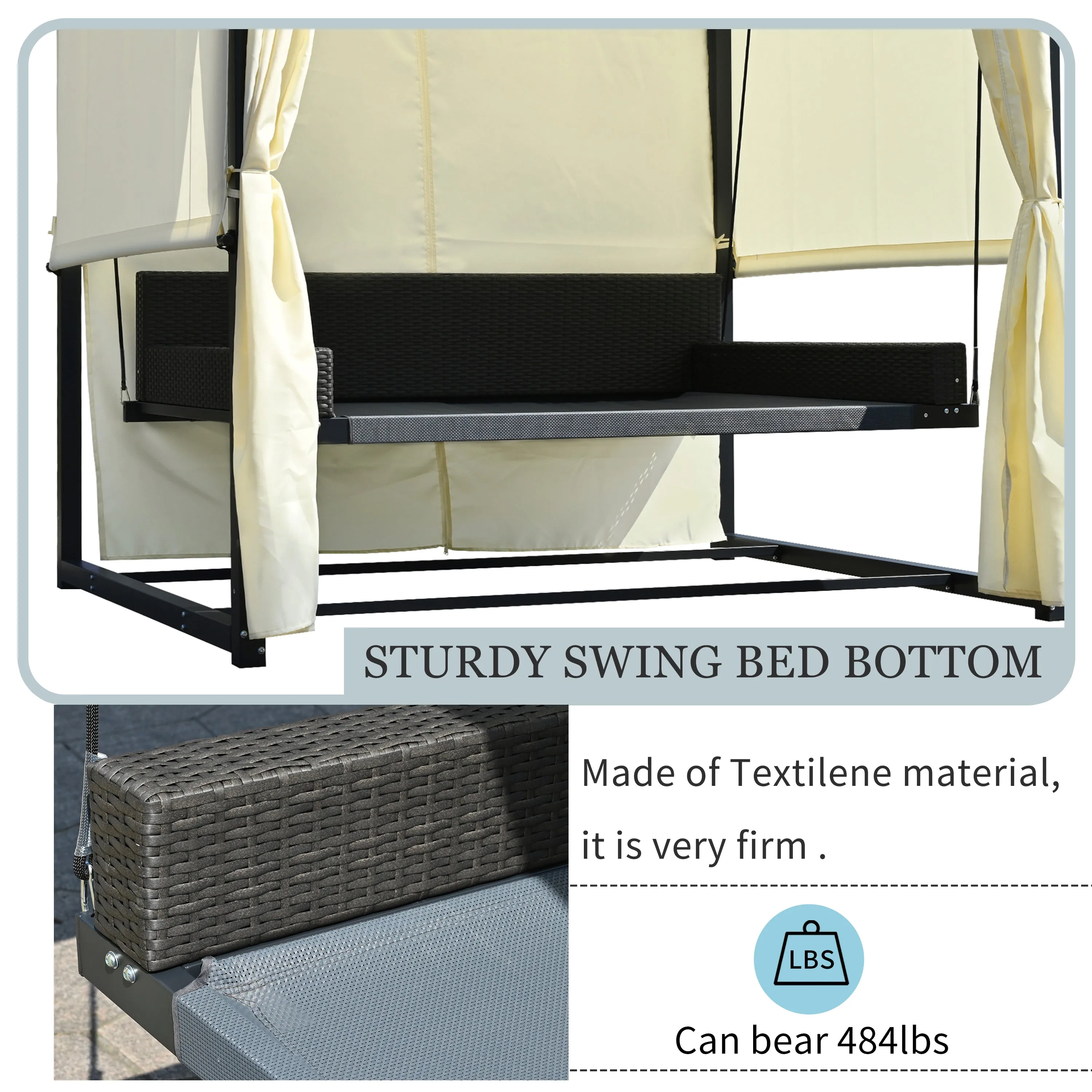 [VIDEO provided]U_Style 2-3 People Outdoor Swing Bed,Adjustable Curtains,Suitable For Balconies, Gardens And Other Places