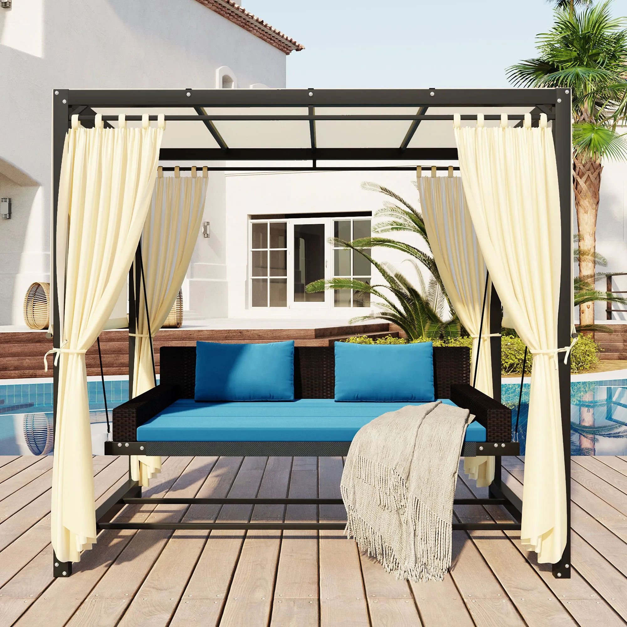 [VIDEO provided]U_Style 2-3 People Outdoor Swing Bed,Adjustable Curtains,Suitable For Balconies, Gardens And Other Places