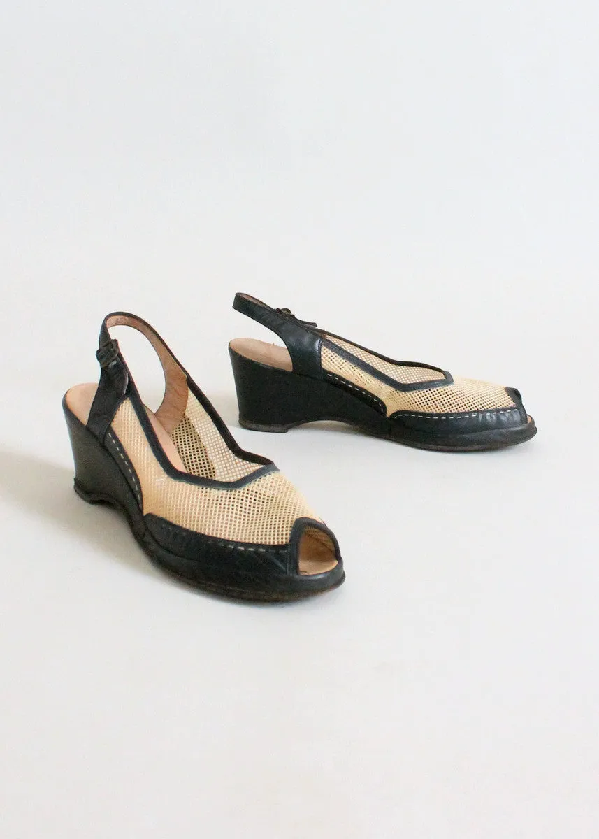 Vintage Eary 1950s Two Tone Mesh Wedge Sandals