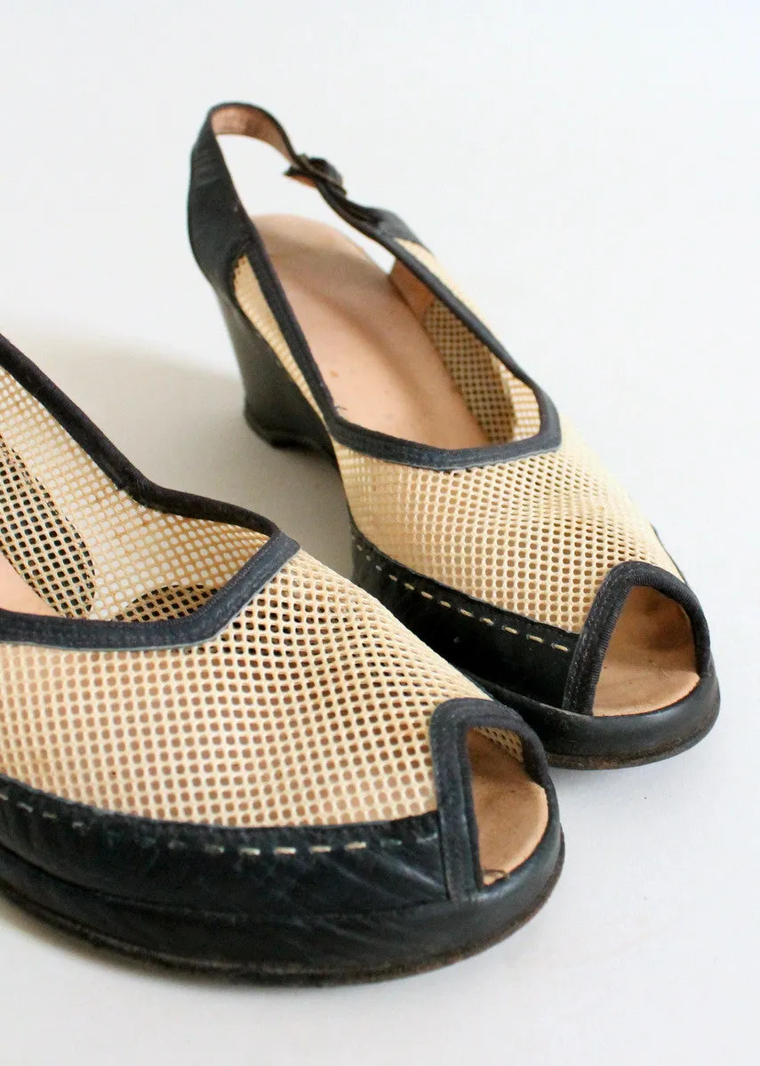 Vintage Eary 1950s Two Tone Mesh Wedge Sandals