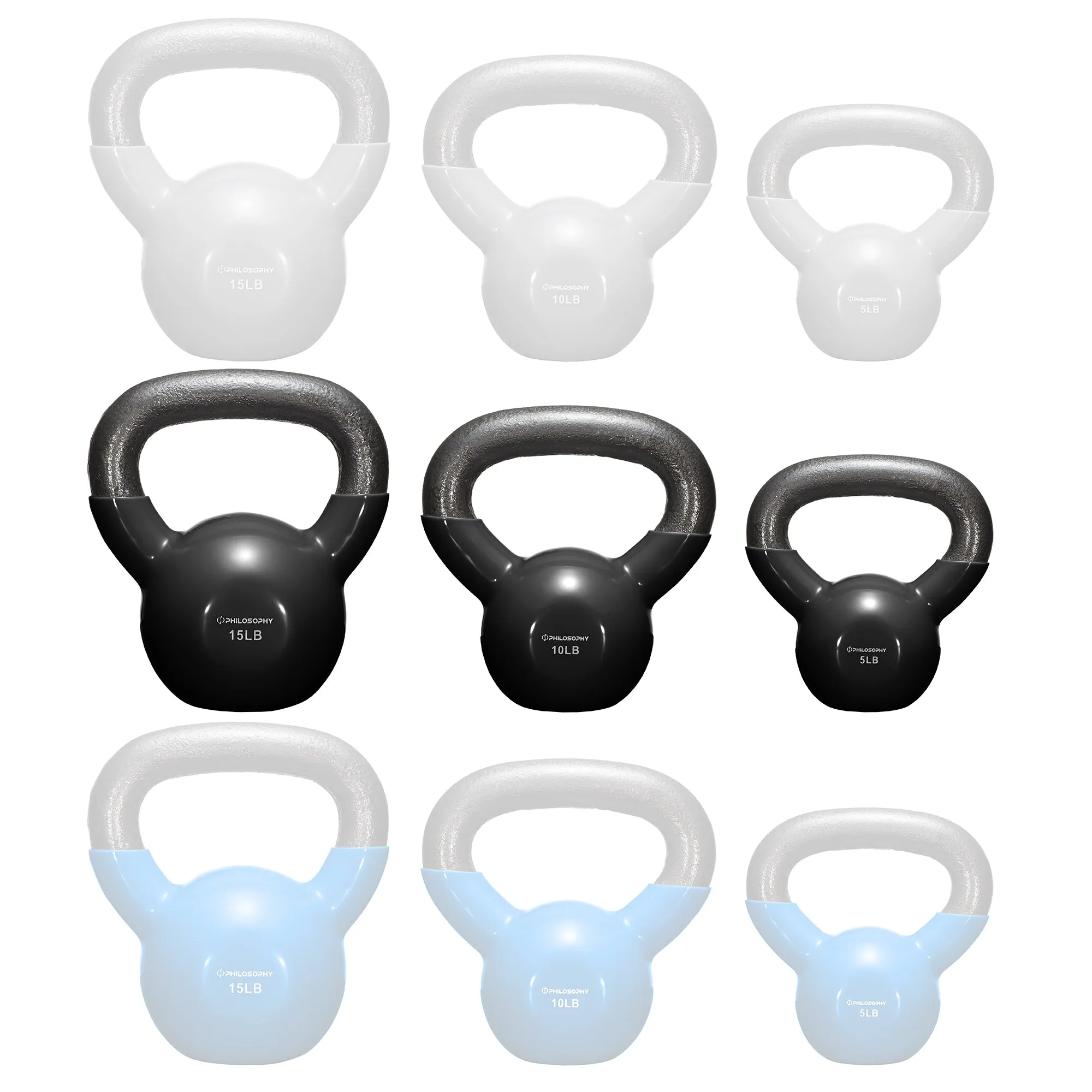 Vinyl Coated Cast Iron Kettlebell Weights (Set of 3) - 5lb, 10lb, 15lb