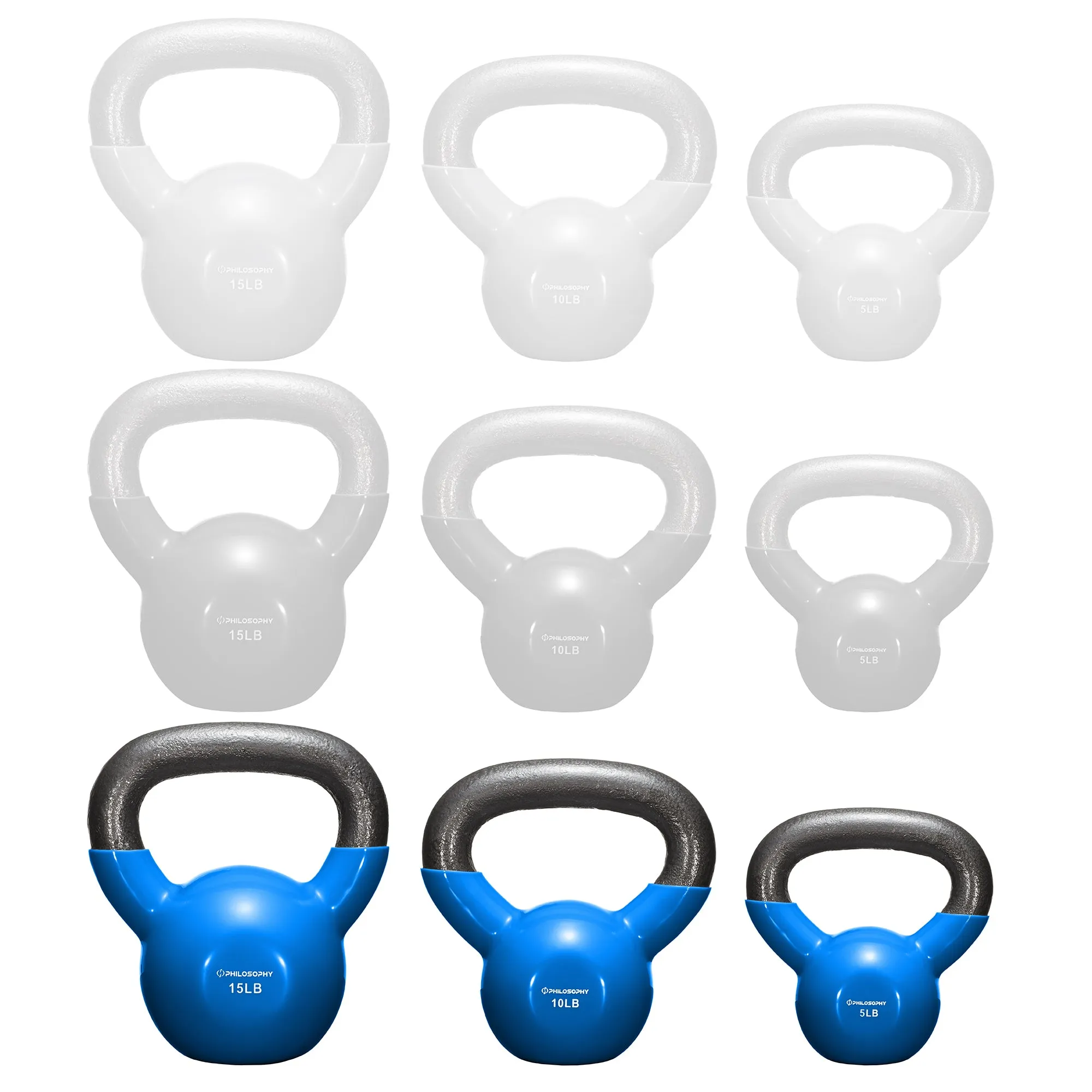 Vinyl Coated Cast Iron Kettlebell Weights (Set of 3) - 5lb, 10lb, 15lb