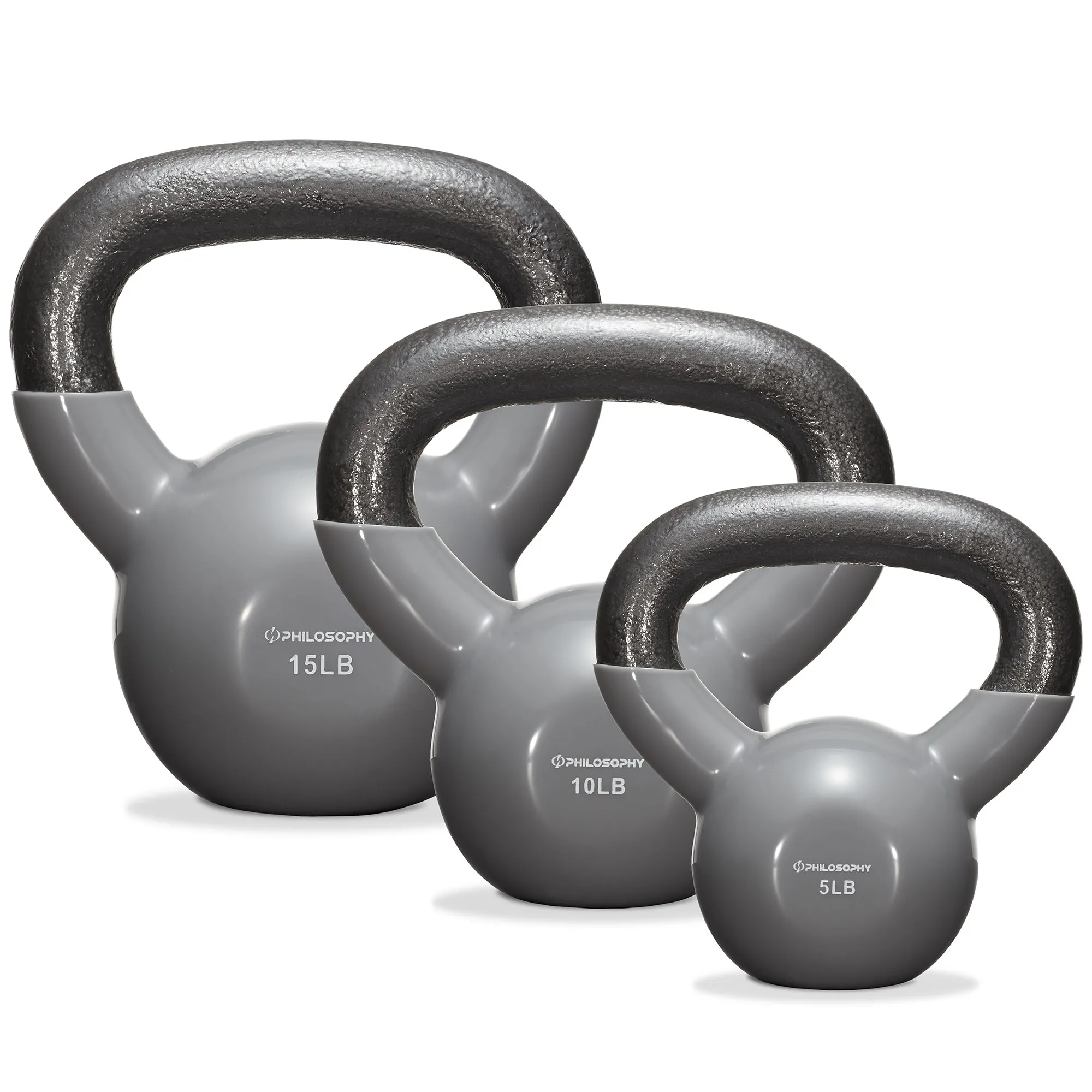 Vinyl Coated Cast Iron Kettlebell Weights (Set of 3) - 5lb, 10lb, 15lb