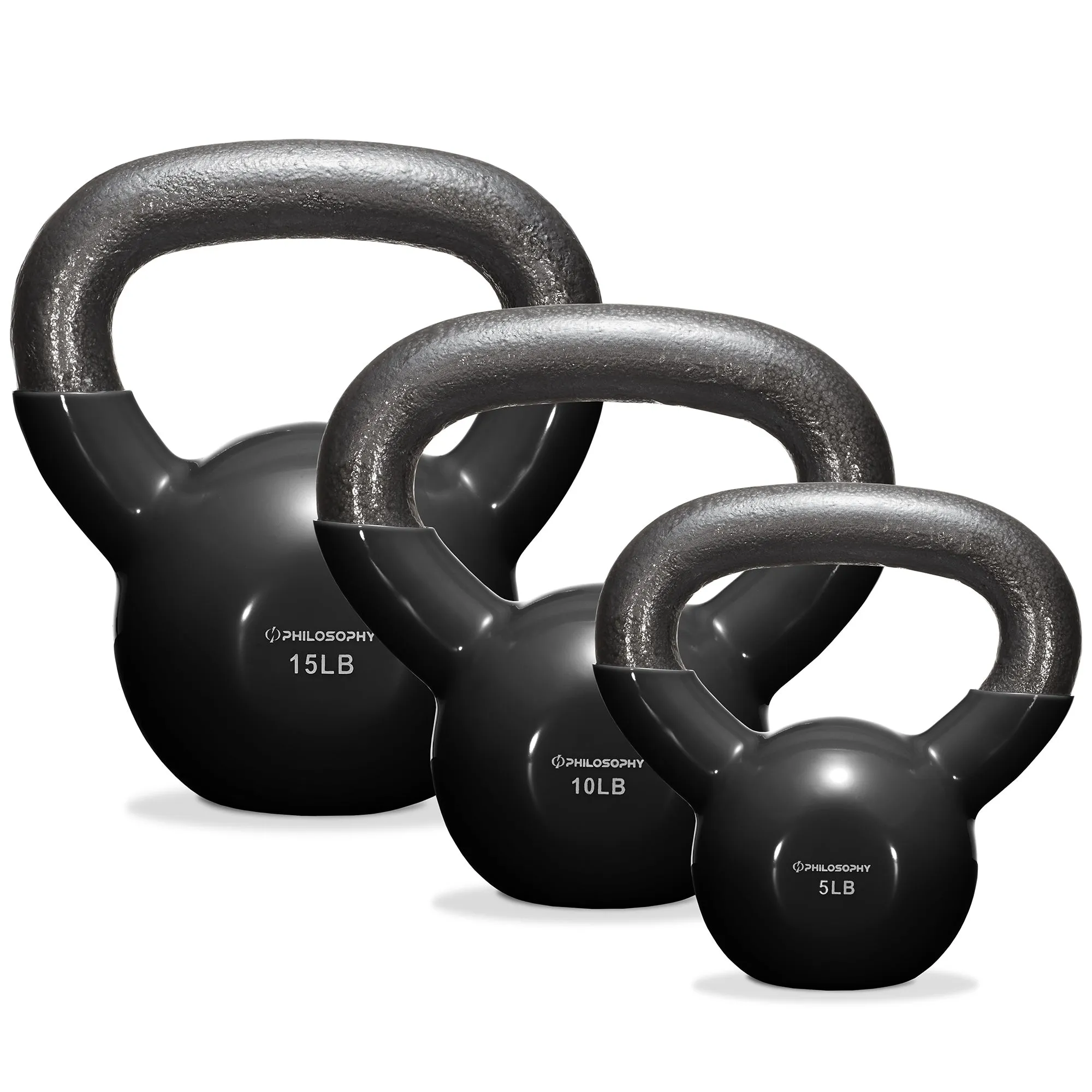 Vinyl Coated Cast Iron Kettlebell Weights (Set of 3) - 5lb, 10lb, 15lb