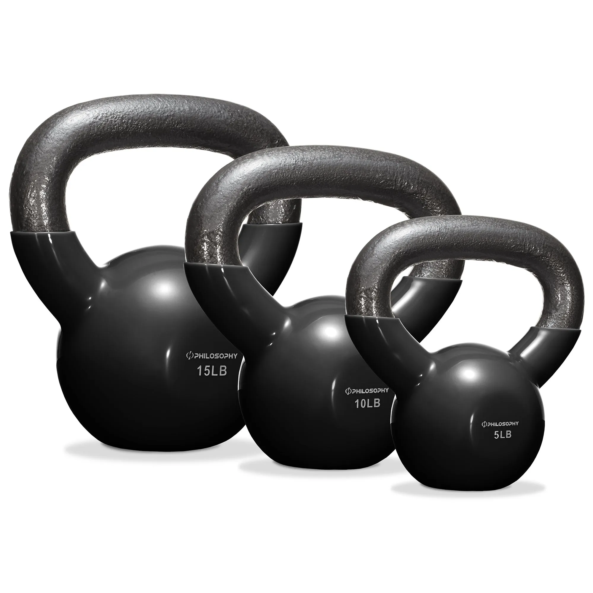 Vinyl Coated Cast Iron Kettlebell Weights (Set of 3) - 5lb, 10lb, 15lb