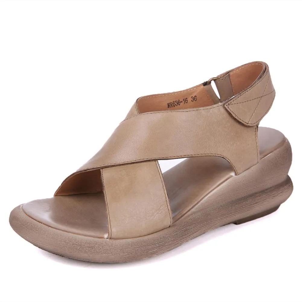 Wedge Sandals Khaki/Coffee Leather Platforms X-Strap Sandals