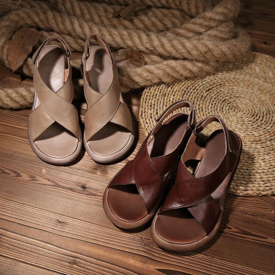 Wedge Sandals Khaki/Coffee Leather Platforms X-Strap Sandals