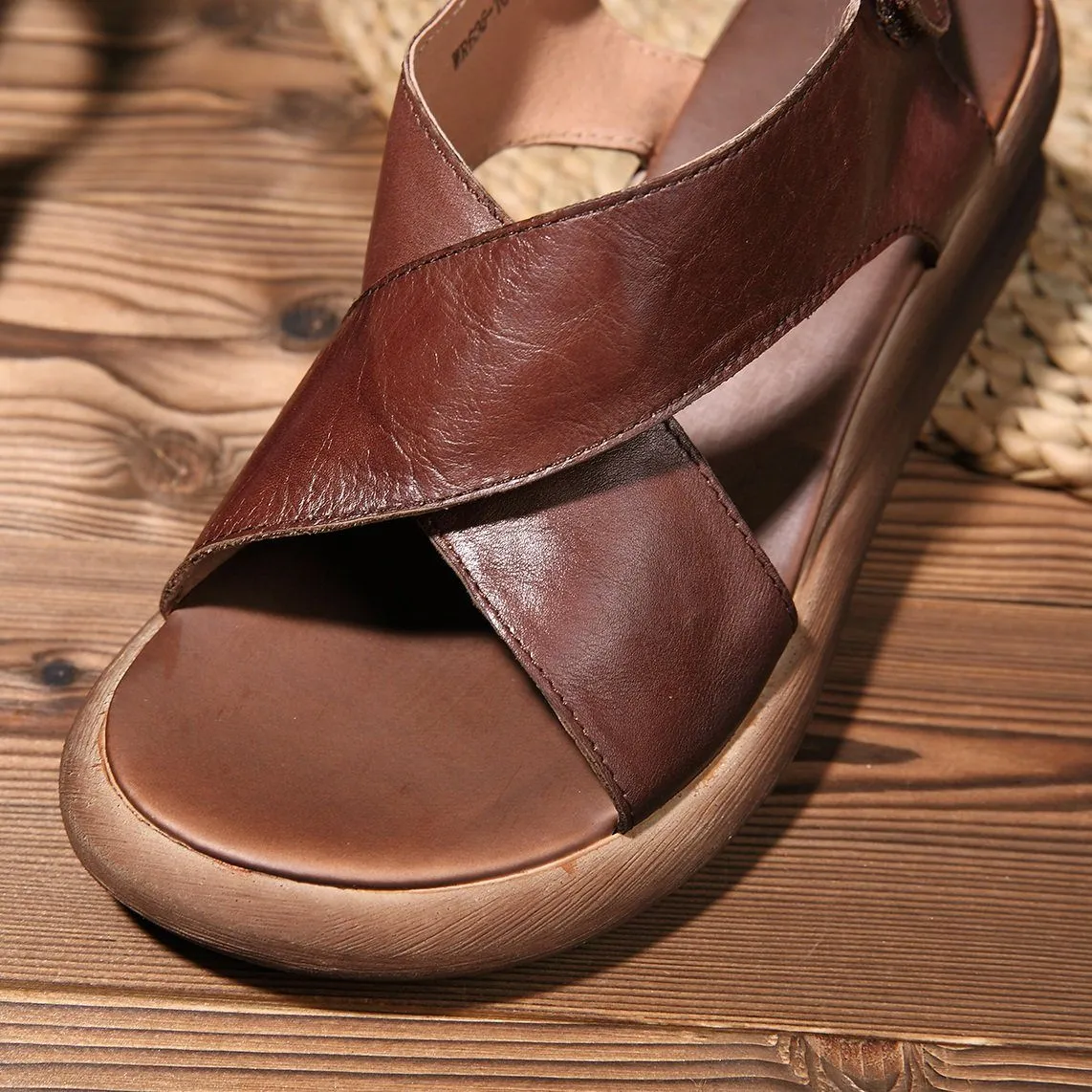 Wedge Sandals Khaki/Coffee Leather Platforms X-Strap Sandals