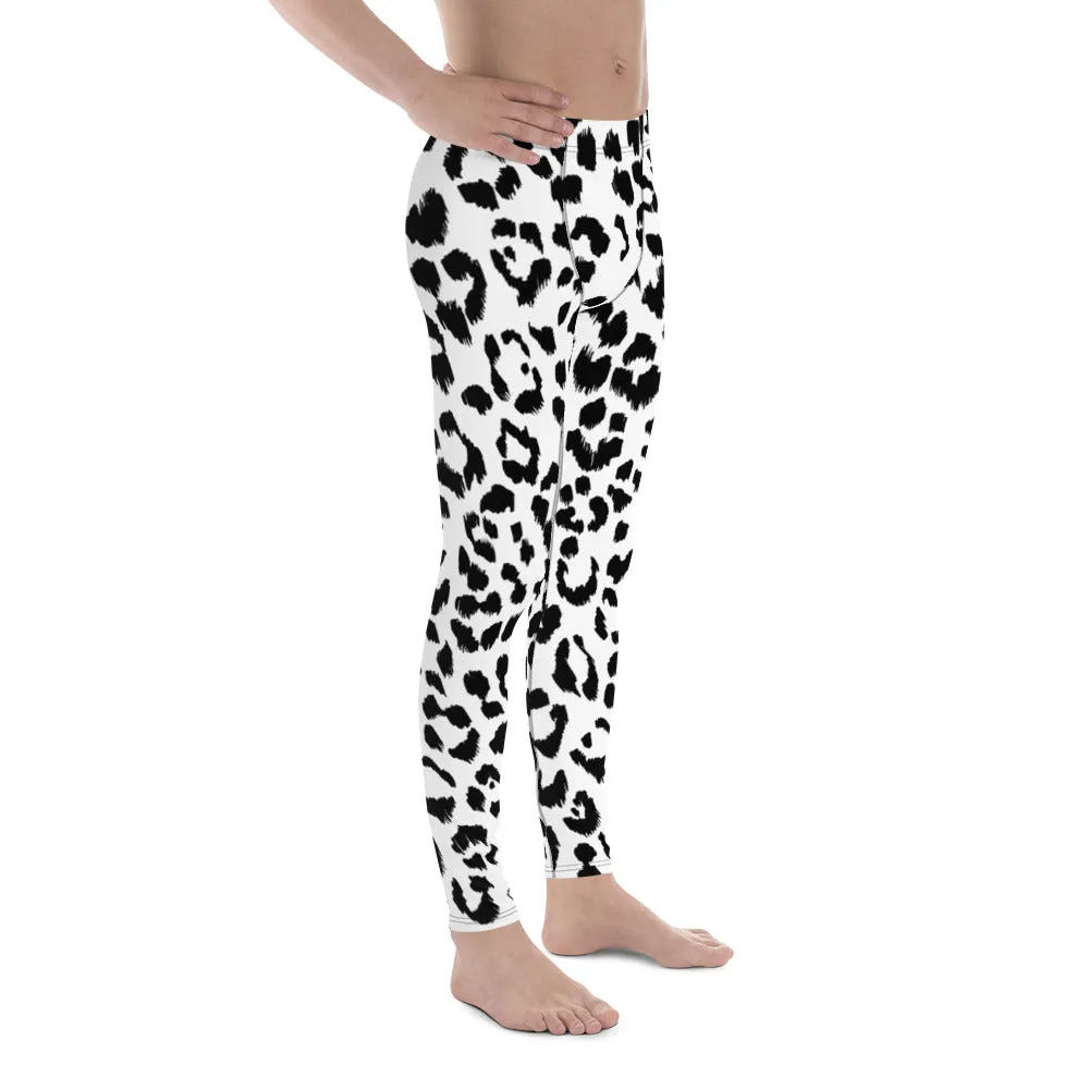 White Black Leopard Men's Leggings, Animal Leopard Print Best Designer Meggings Tights-Made in USA/EU/MX