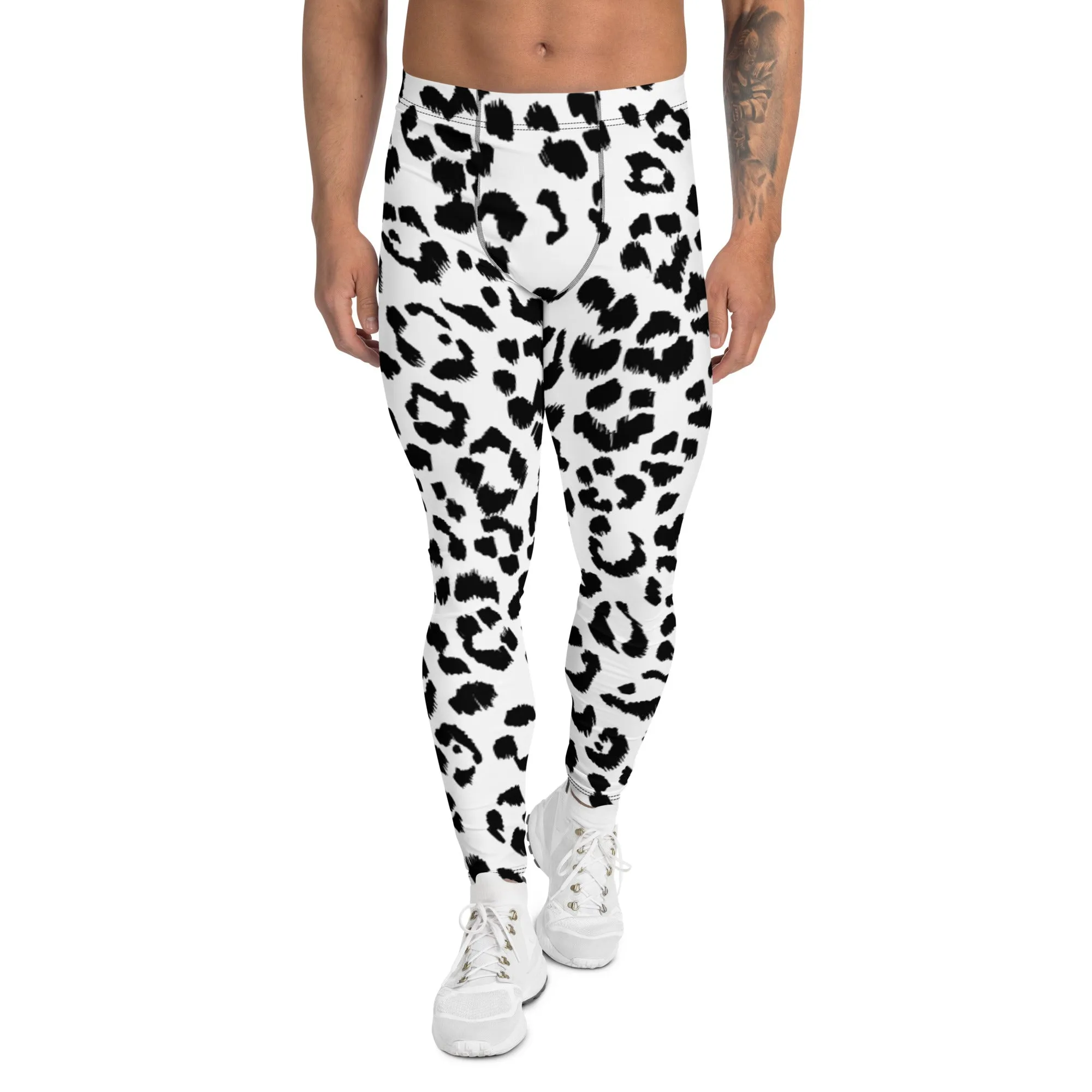 White Black Leopard Men's Leggings, Animal Leopard Print Best Designer Meggings Tights-Made in USA/EU/MX