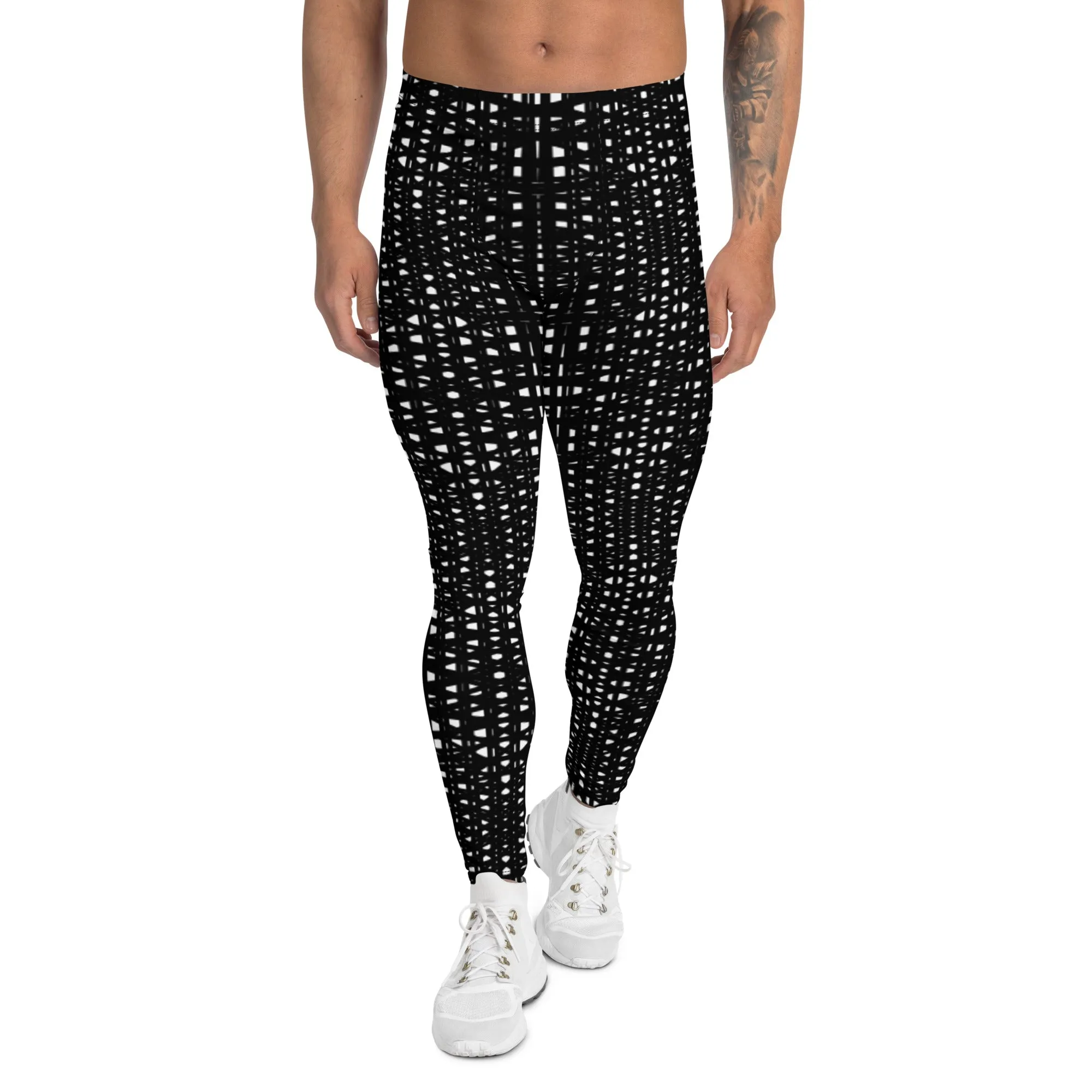 White Black Meshed Men's Leggings, Best Premium Meggings Compression Running Tights-Made in USA/EU/MX