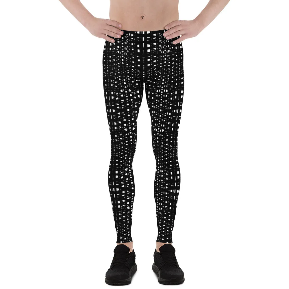 White Black Meshed Men's Leggings, Best Premium Meggings Compression Running Tights-Made in USA/EU/MX