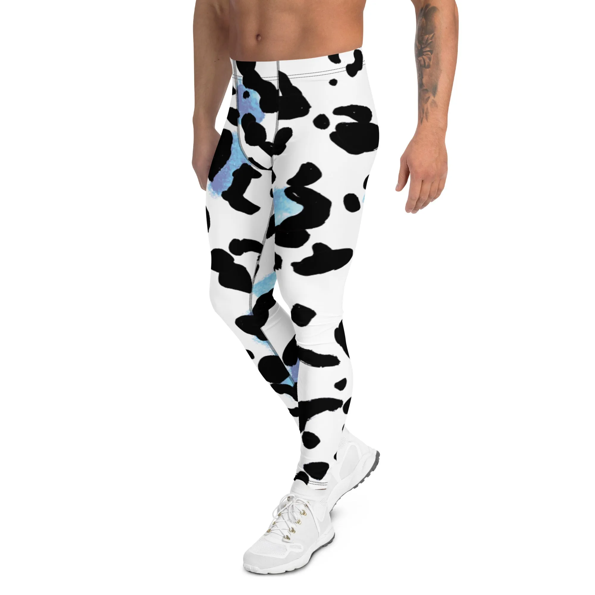 White Leopard Print Men's Leggings, Leopard Animal Print Best Premium Running Tights For Men - Made in USA/EU/MX