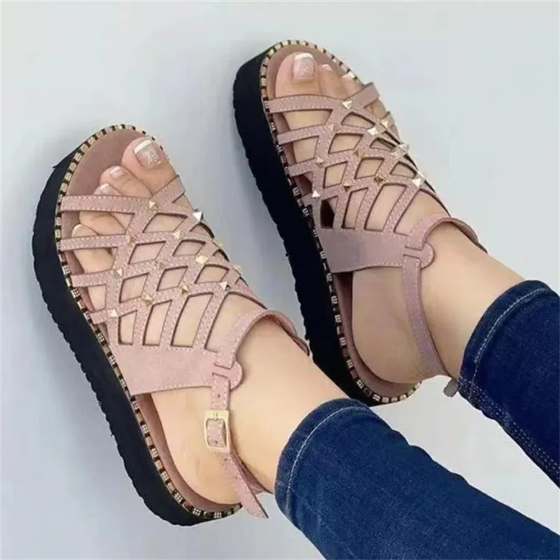 Women Retro Thick-Bottomed Wedge Cross Straps Hollowed PU Sandals