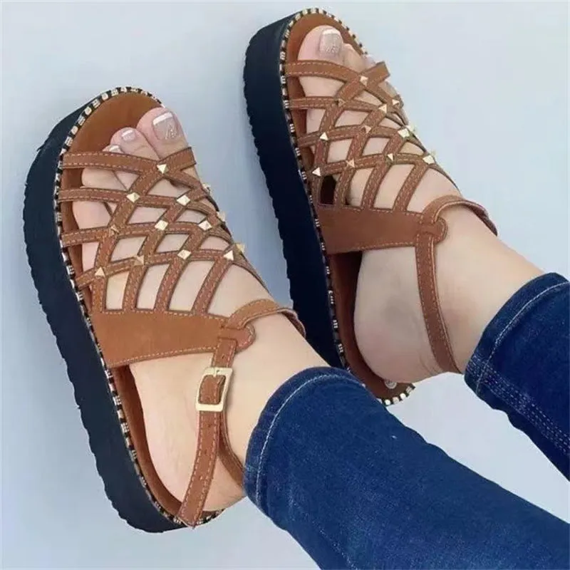 Women Retro Thick-Bottomed Wedge Cross Straps Hollowed PU Sandals