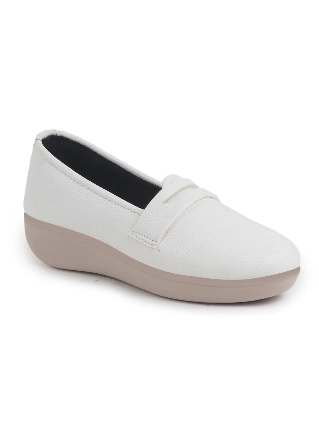 Women White Textured Slip On Casual Shoes Flatform Heel Height Enhancer|All Day Comfort|Daily Wear Shoes