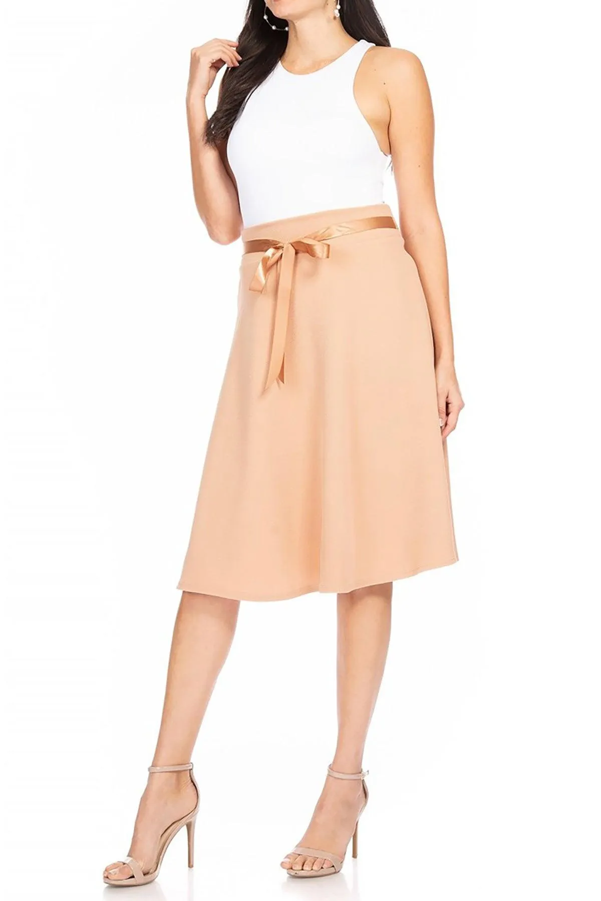 Women's Solid A-line Casual High Waist Bow Tie Belted A Line Midi Knee Length Skirts