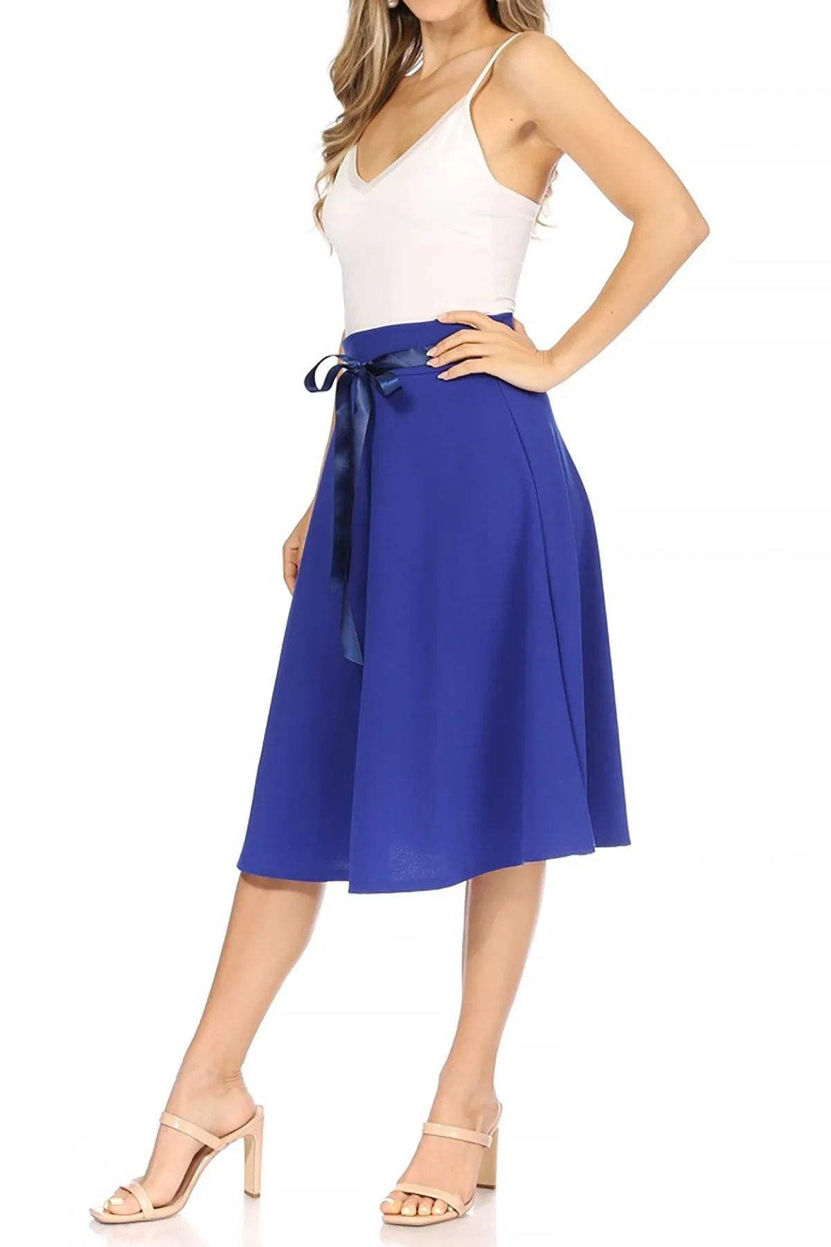 Women's Solid A-line Casual High Waist Bow Tie Belted A Line Midi Knee Length Skirts