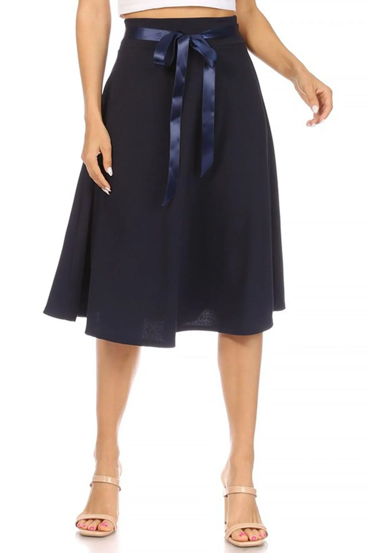 Women's Solid A-line Casual High Waist Bow Tie Belted A Line Midi Knee Length Skirts