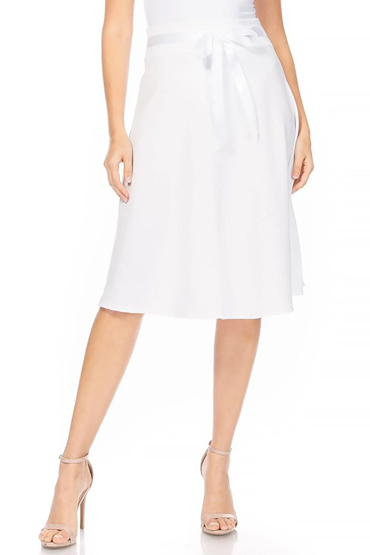 Women's Solid A-line Casual High Waist Bow Tie Belted A Line Midi Knee Length Skirts