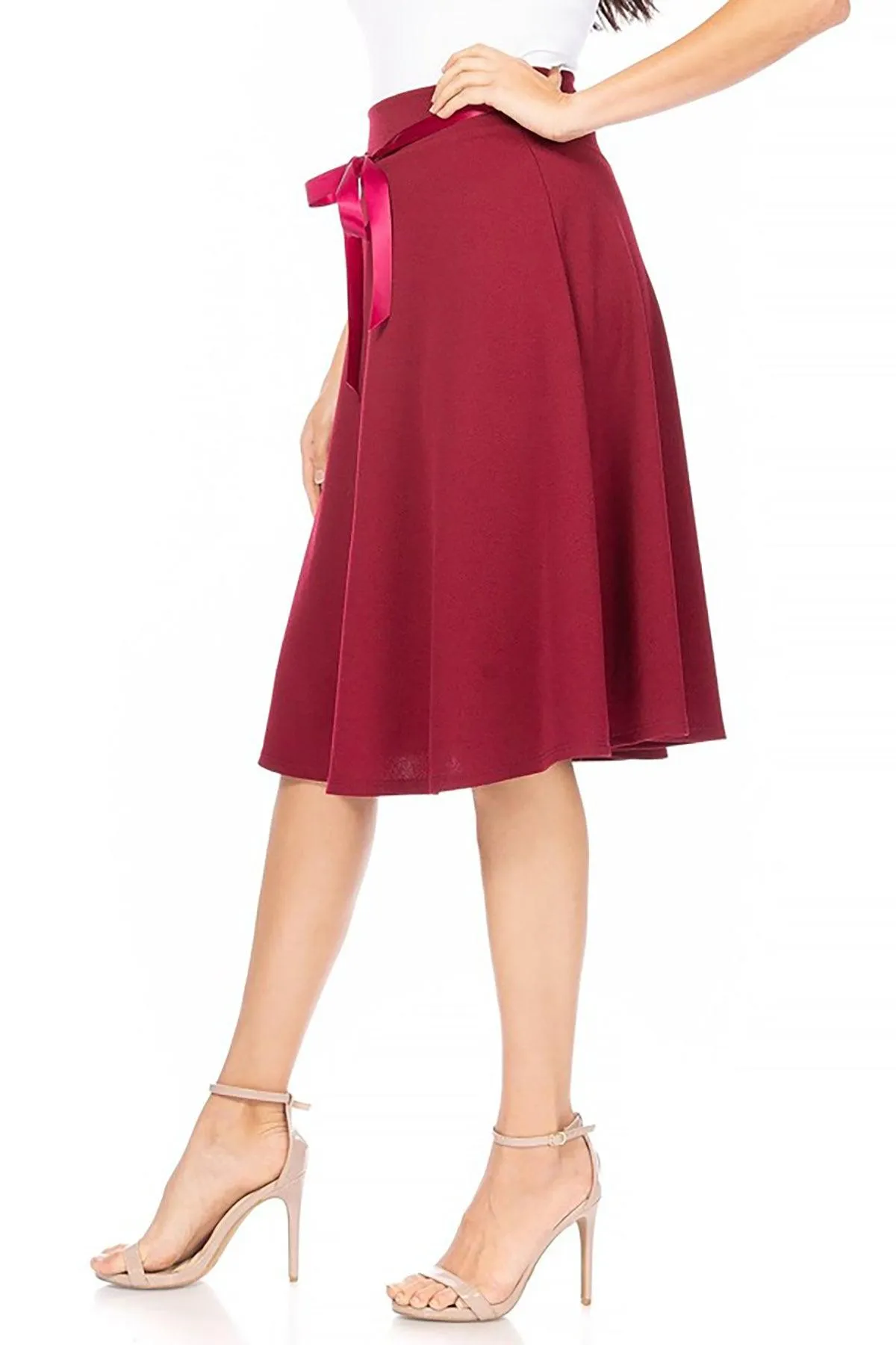 Women's Solid A-line Casual High Waist Bow Tie Belted A Line Midi Knee Length Skirts