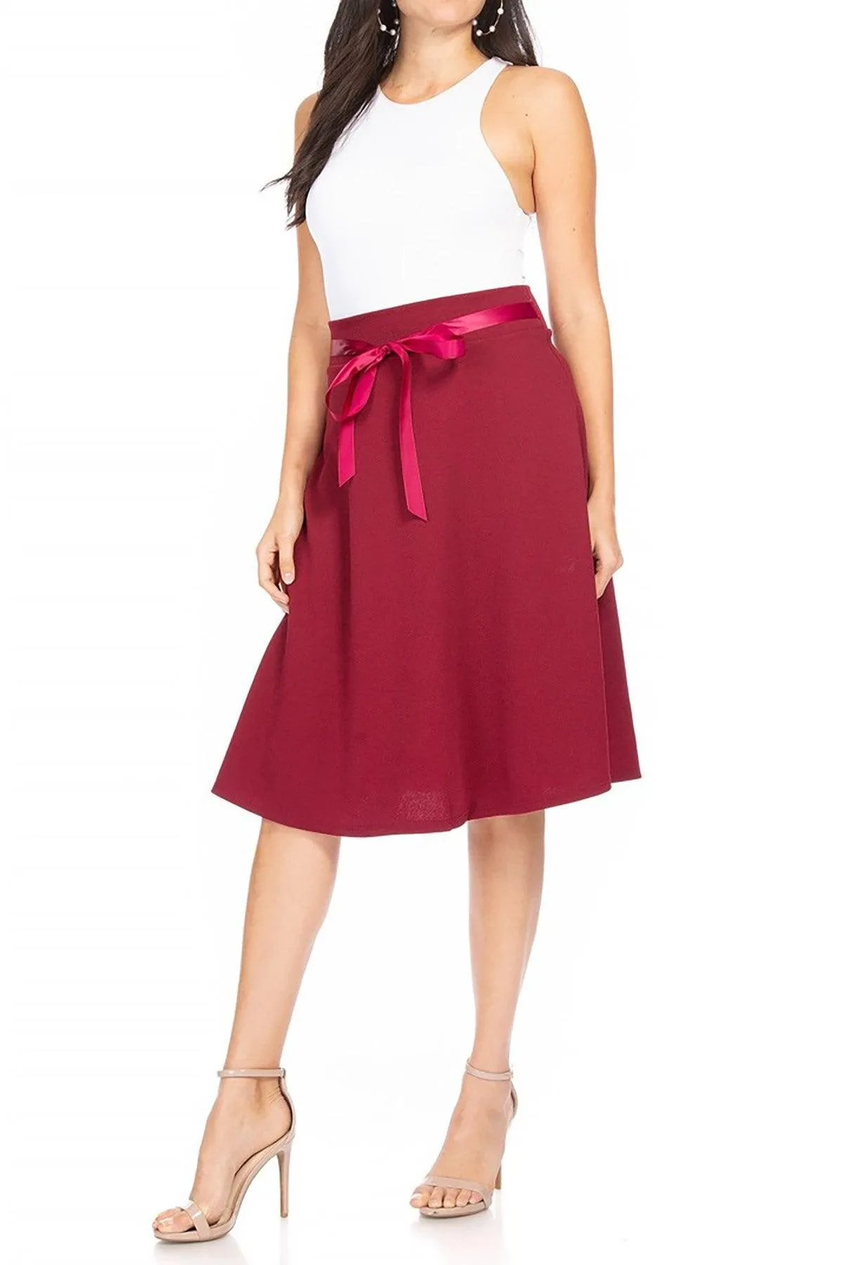 Women's Solid A-line Casual High Waist Bow Tie Belted A Line Midi Knee Length Skirts