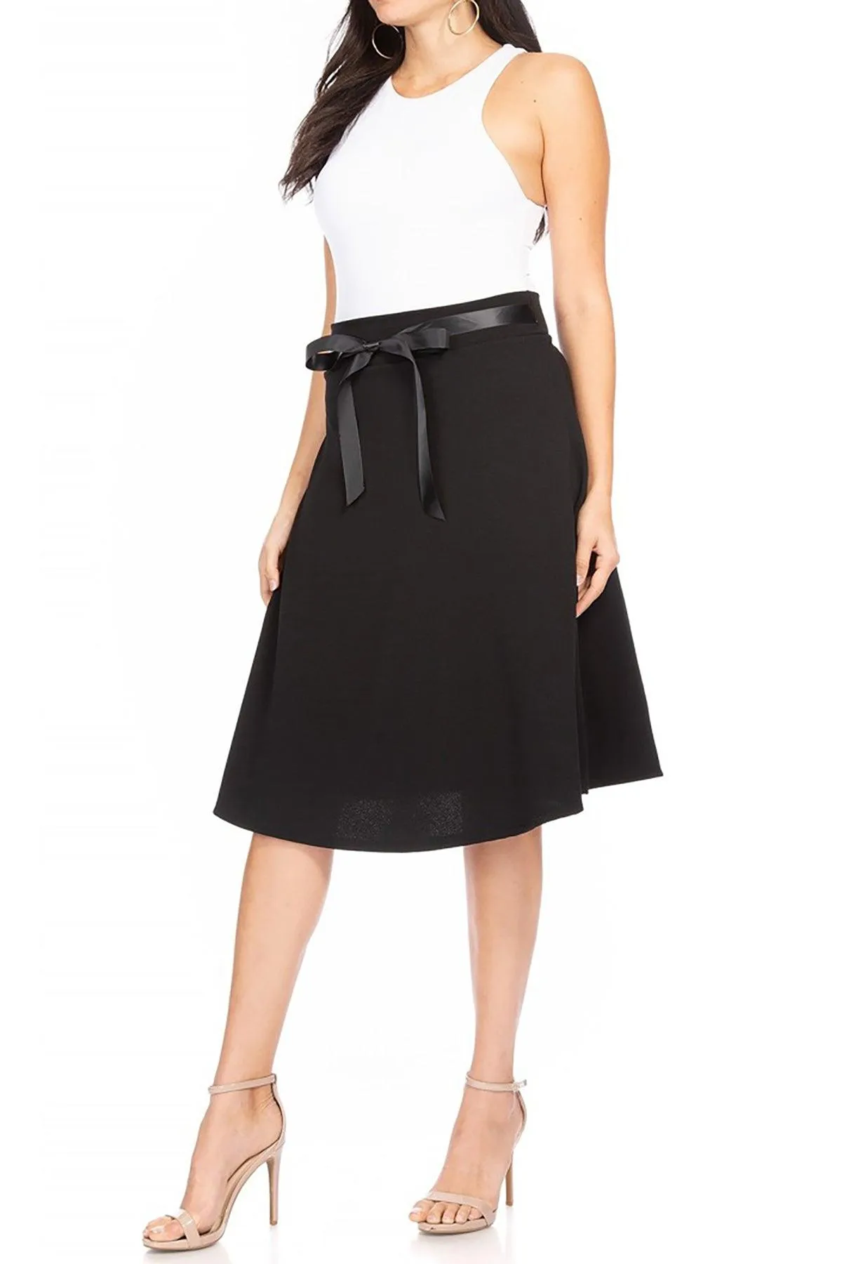 Women's Solid A-line Casual High Waist Bow Tie Belted A Line Midi Knee Length Skirts