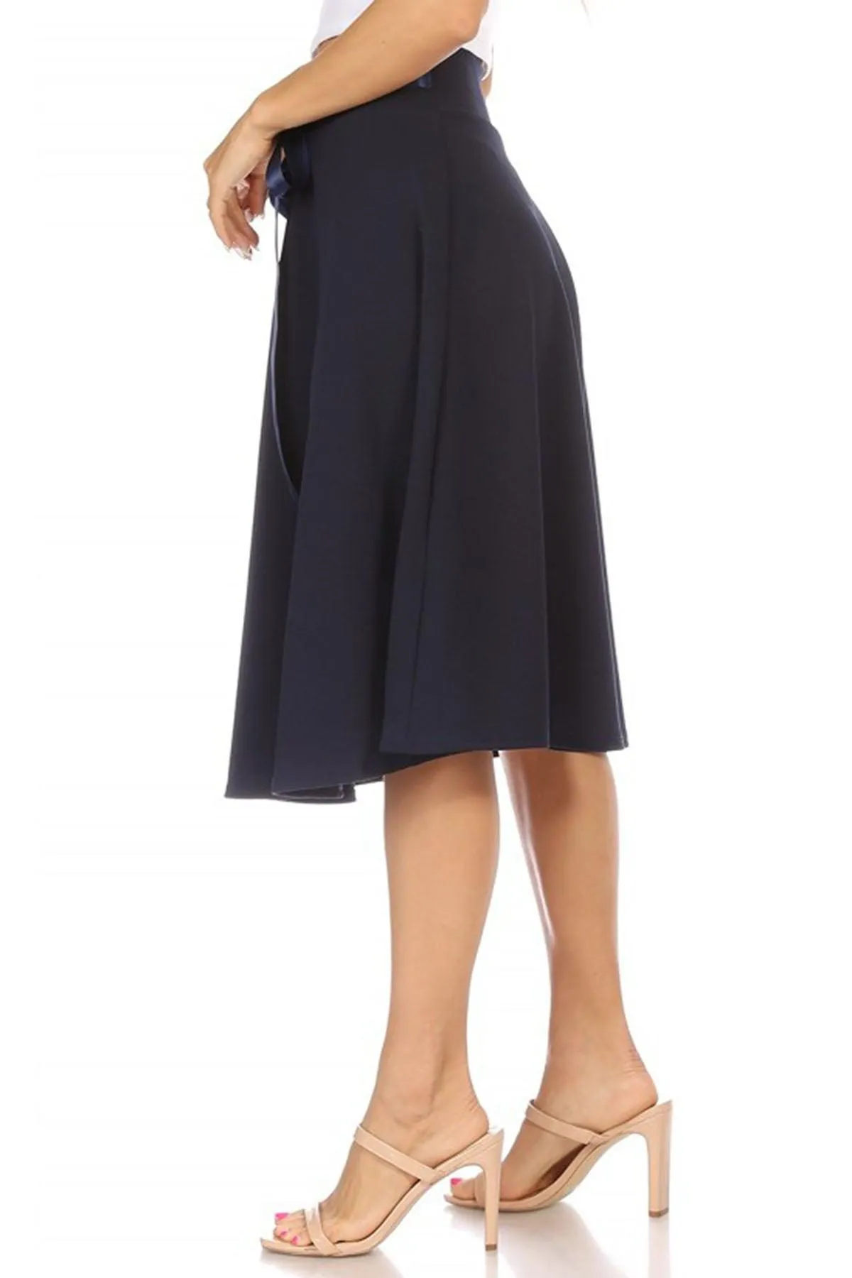 Women's Solid A-line Casual High Waist Bow Tie Belted A Line Midi Knee Length Skirts