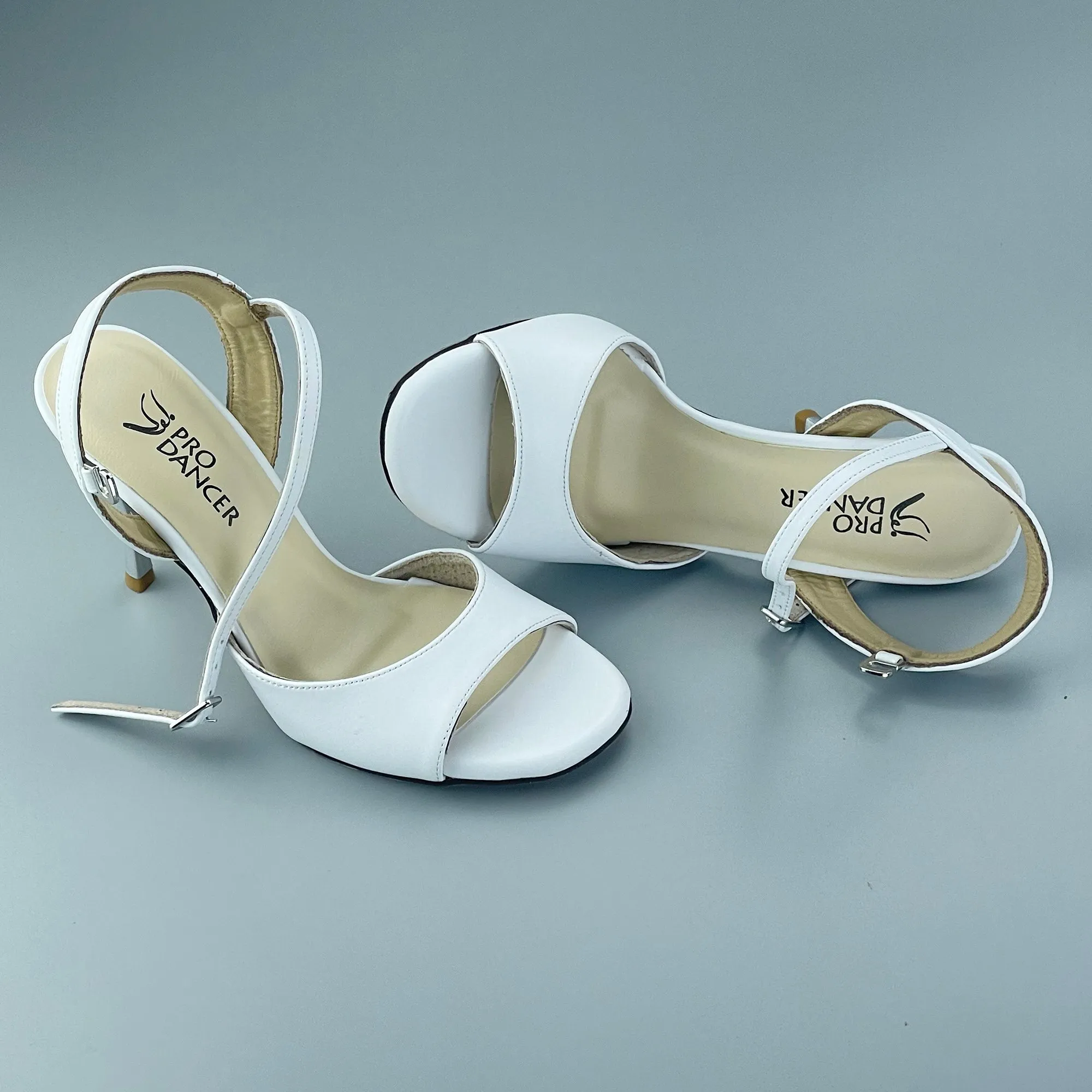 Women's White Tango Shoes High Heel Dance Sandals Leather Sole