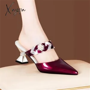 Xajzpa - Pointed Designer Slides Fashion Rhinestones Non-Slip Women Slippers Elegant High Heel Outdoor Pearl Party Shoes