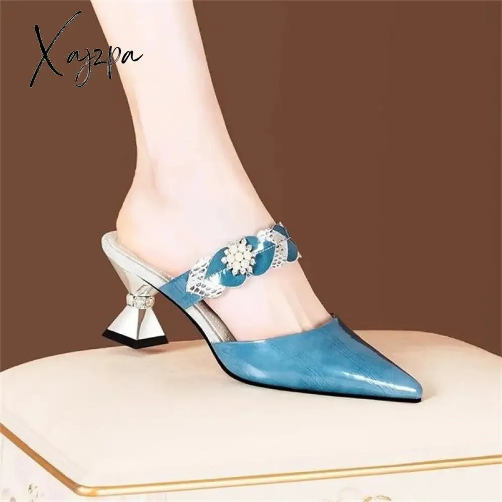 Xajzpa - Pointed Designer Slides Fashion Rhinestones Non-Slip Women Slippers Elegant High Heel Outdoor Pearl Party Shoes