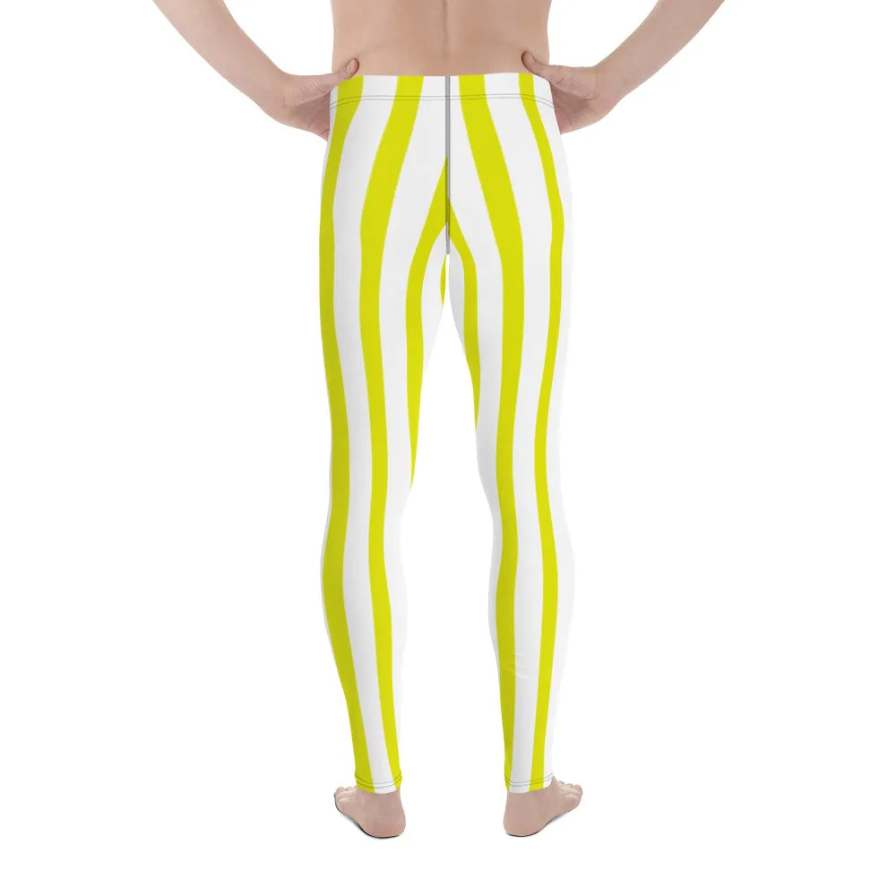 Yellow and White Striped Meggings, Best Yellow & White Stripes Men's Running Leggings & Run Tights Meggings-Made in USA/EU