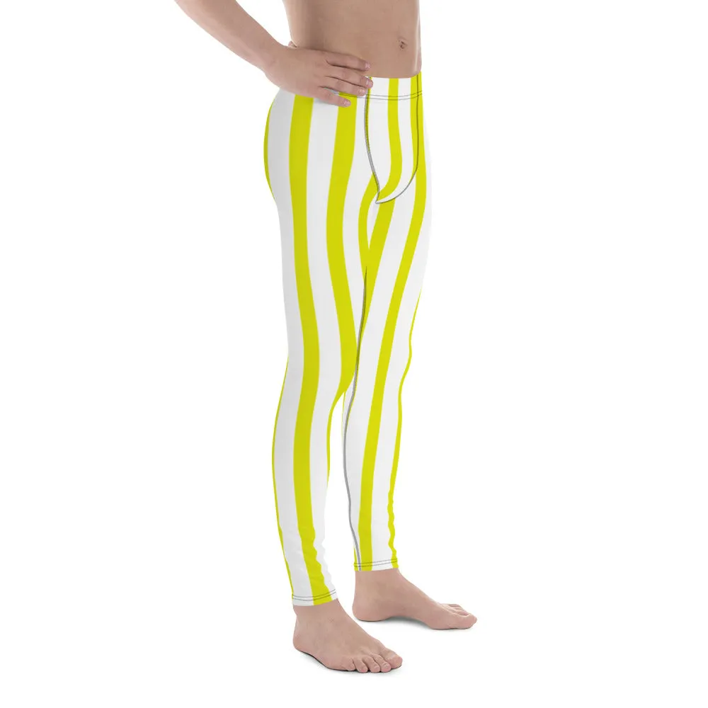 Yellow and White Striped Meggings, Best Yellow & White Stripes Men's Running Leggings & Run Tights Meggings-Made in USA/EU