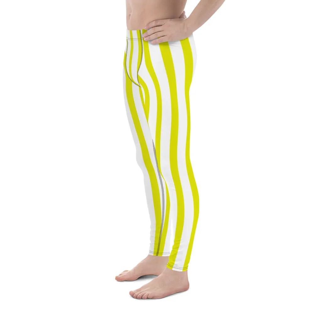 Yellow and White Striped Meggings, Best Yellow & White Stripes Men's Running Leggings & Run Tights Meggings-Made in USA/EU